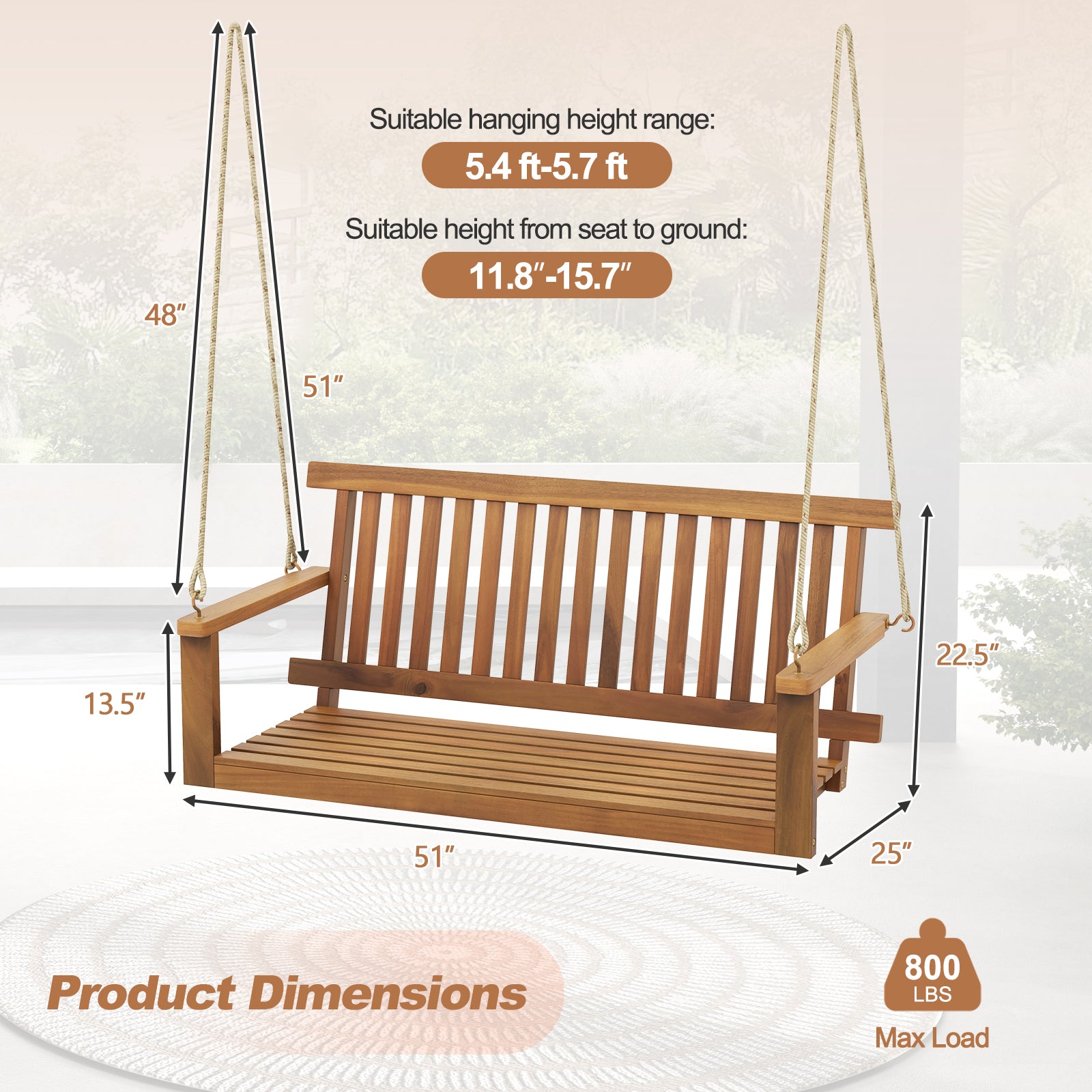 2-Seat Acacia Wood Porch Swing Bench, With Hanging Hemp Ropes, Natural Porch Swings at Gallery Canada