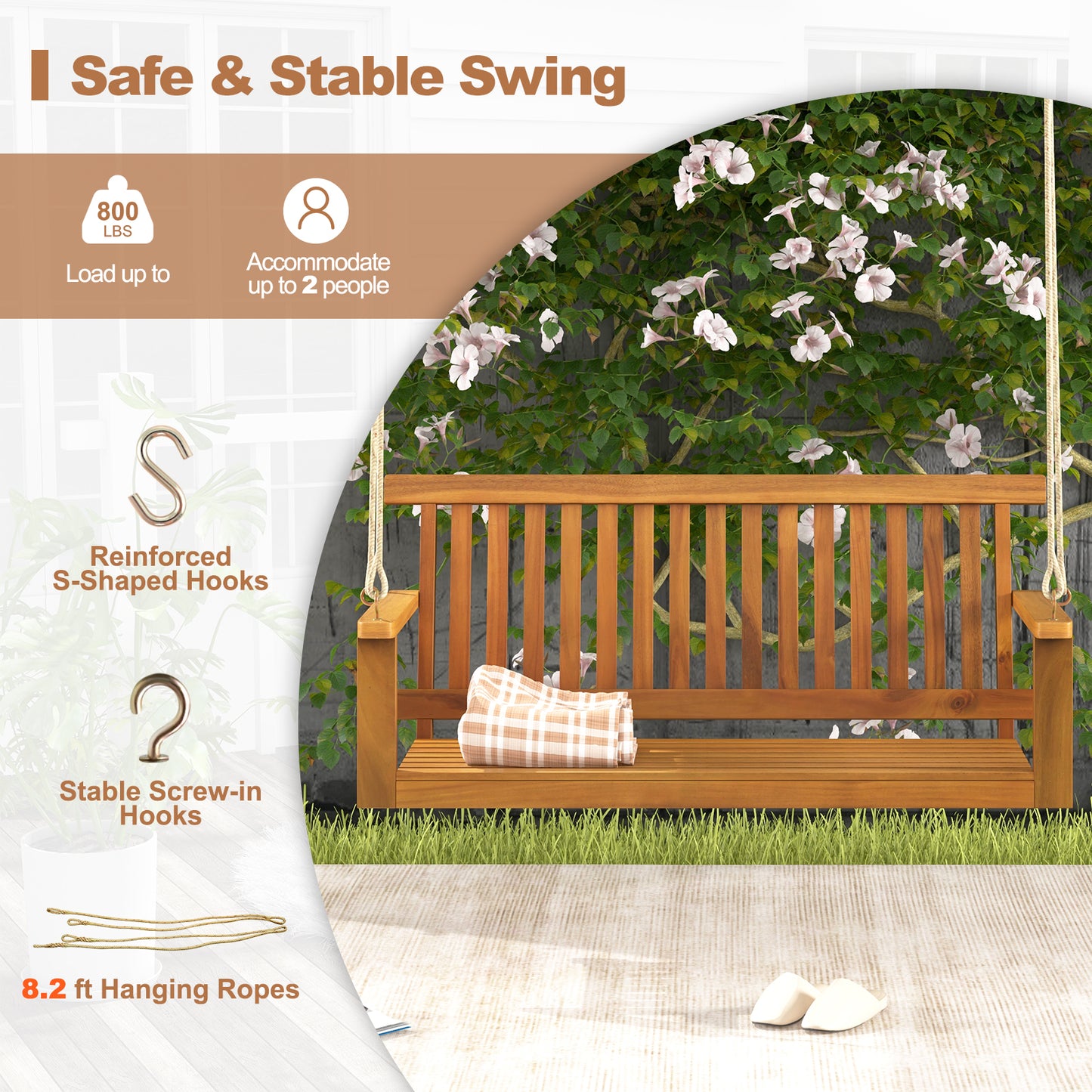 2-Seat Acacia Wood Porch Swing Bench, With Hanging Hemp Ropes, Natural Porch Swings at Gallery Canada