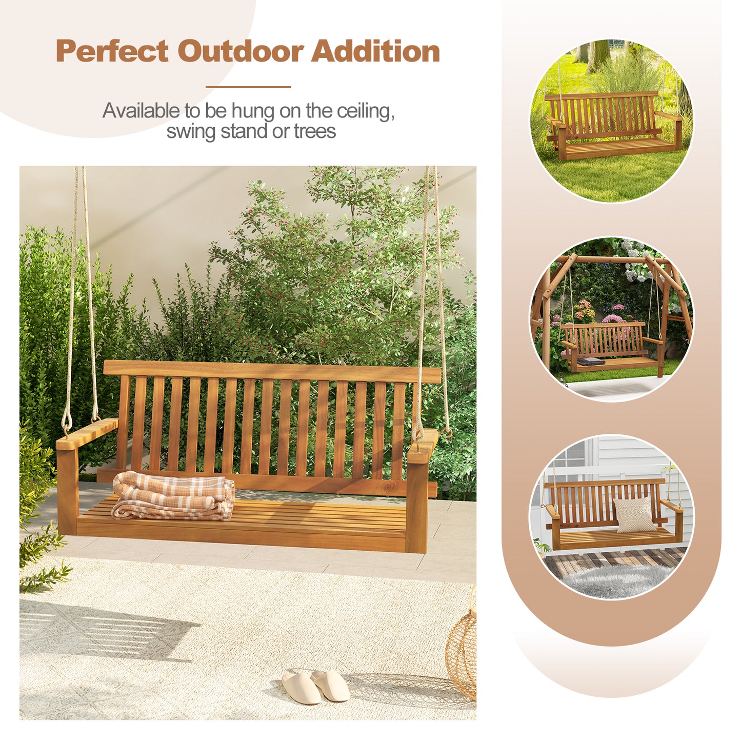 2-Seat Acacia Wood Porch Swing Bench, With Hanging Hemp Ropes, Natural Porch Swings at Gallery Canada