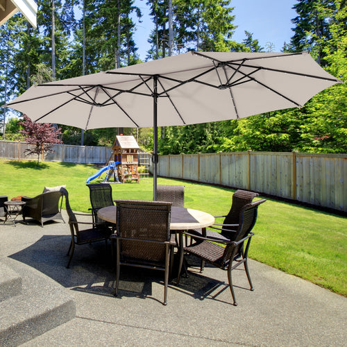 15 Feet Twin Patio Umbrella, 48 Solar LED Lights, Beige