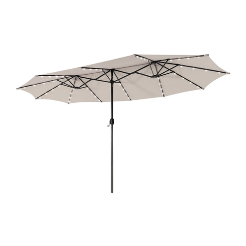 15 Feet Twin Patio Umbrella, 48 Solar LED Lights, Beige