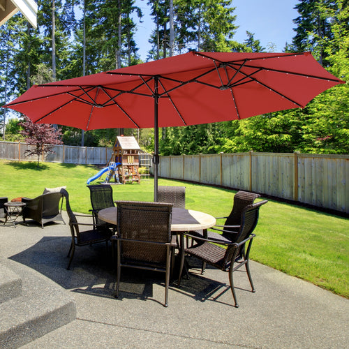 15 Feet Twin Patio Umbrella, 48 Solar LED Lights, Dark Red