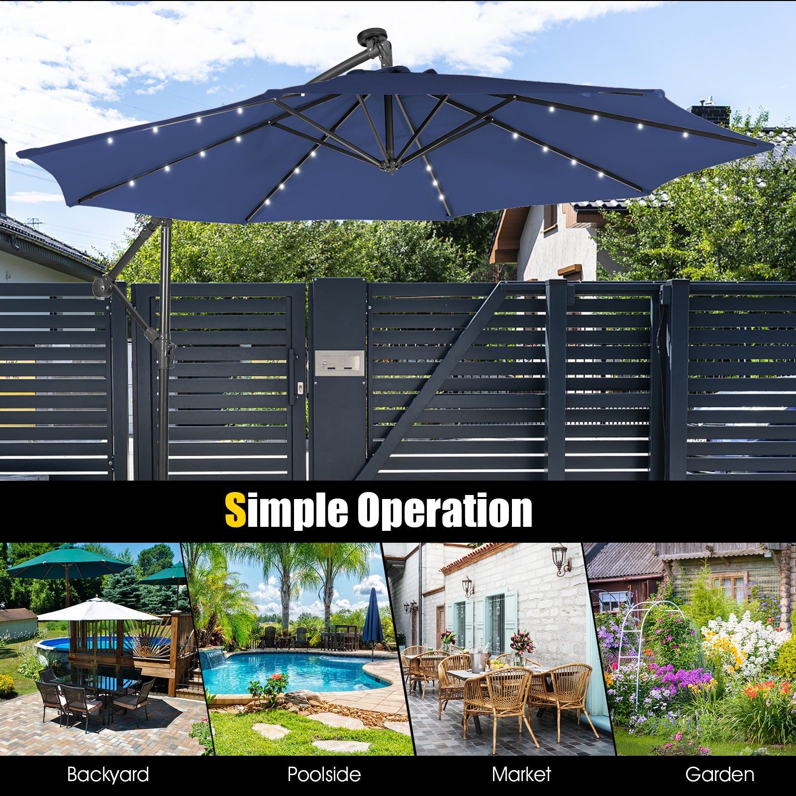 10 Feet Patio Solar Cantilever Umbrella, Tilting System, Navy Outdoor Umbrellas at Gallery Canada
