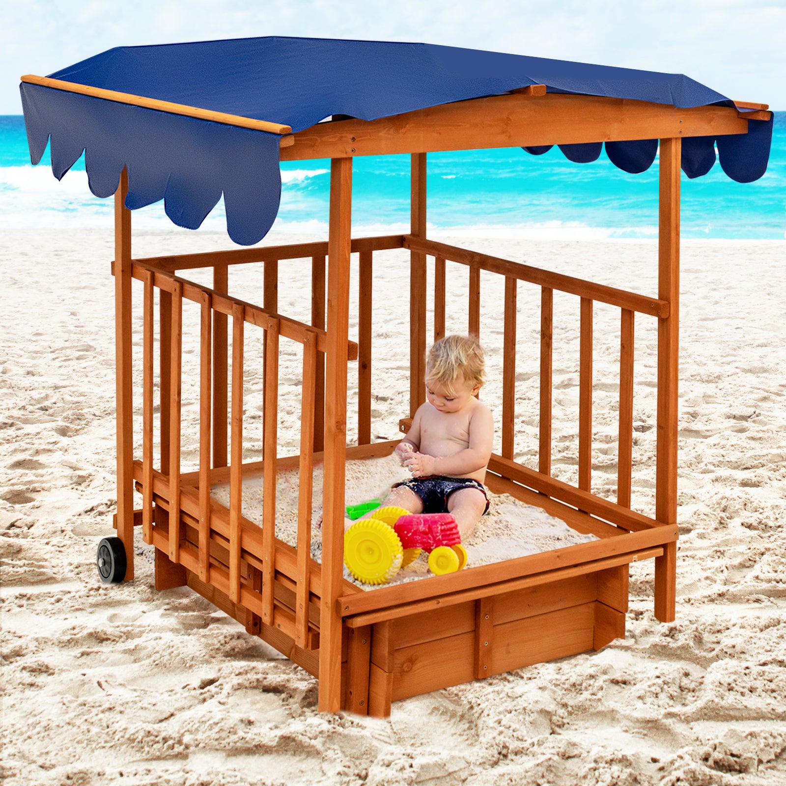 Kids Wooden Retractable Sandbox With Cover, Wheels, Natural Sandboxes at Gallery Canada