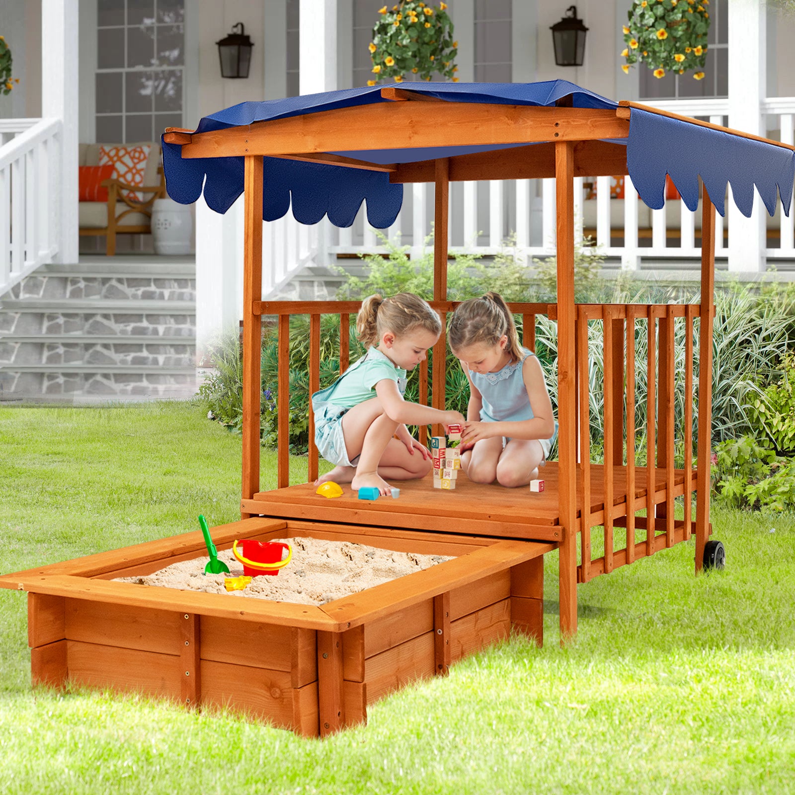 Kids Wooden Retractable Sandbox With Cover, Wheels, Natural Sandboxes at Gallery Canada