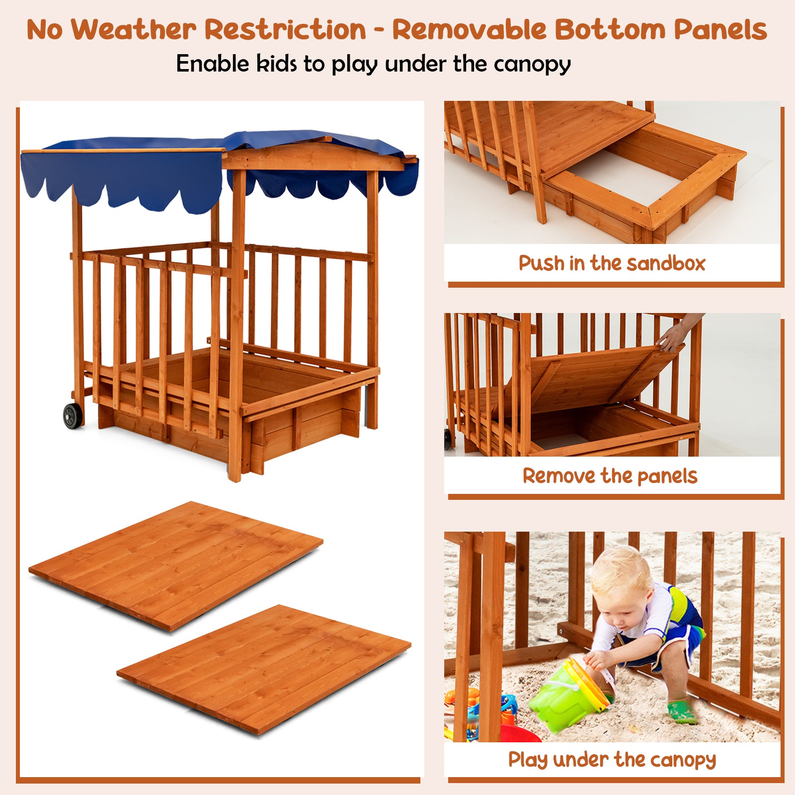 Kids Wooden Retractable Sandbox With Cover, Wheels, Natural Sandboxes at Gallery Canada