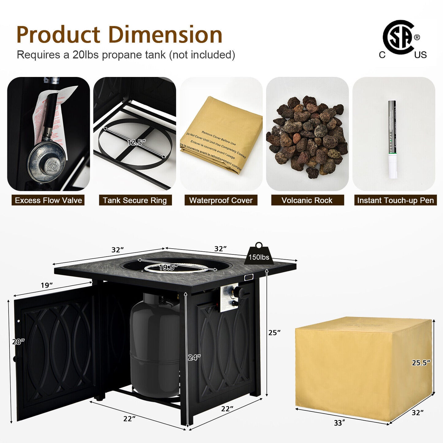 32 Inch Propane Fire Pit Table, Square Tabletop, Lava Rocks, 50000 BTU, Black Fire Pit Tables at Gallery Canada