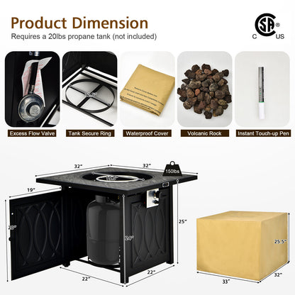 32 Inch Propane Fire Pit Table, Square Tabletop, Lava Rocks, 50000 BTU, Black Fire Pit Tables at Gallery Canada