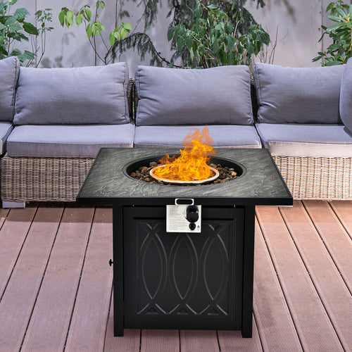 32 Inch Propane Fire Pit Table, Square Tabletop, Lava Rocks, 50000 BTU, Black