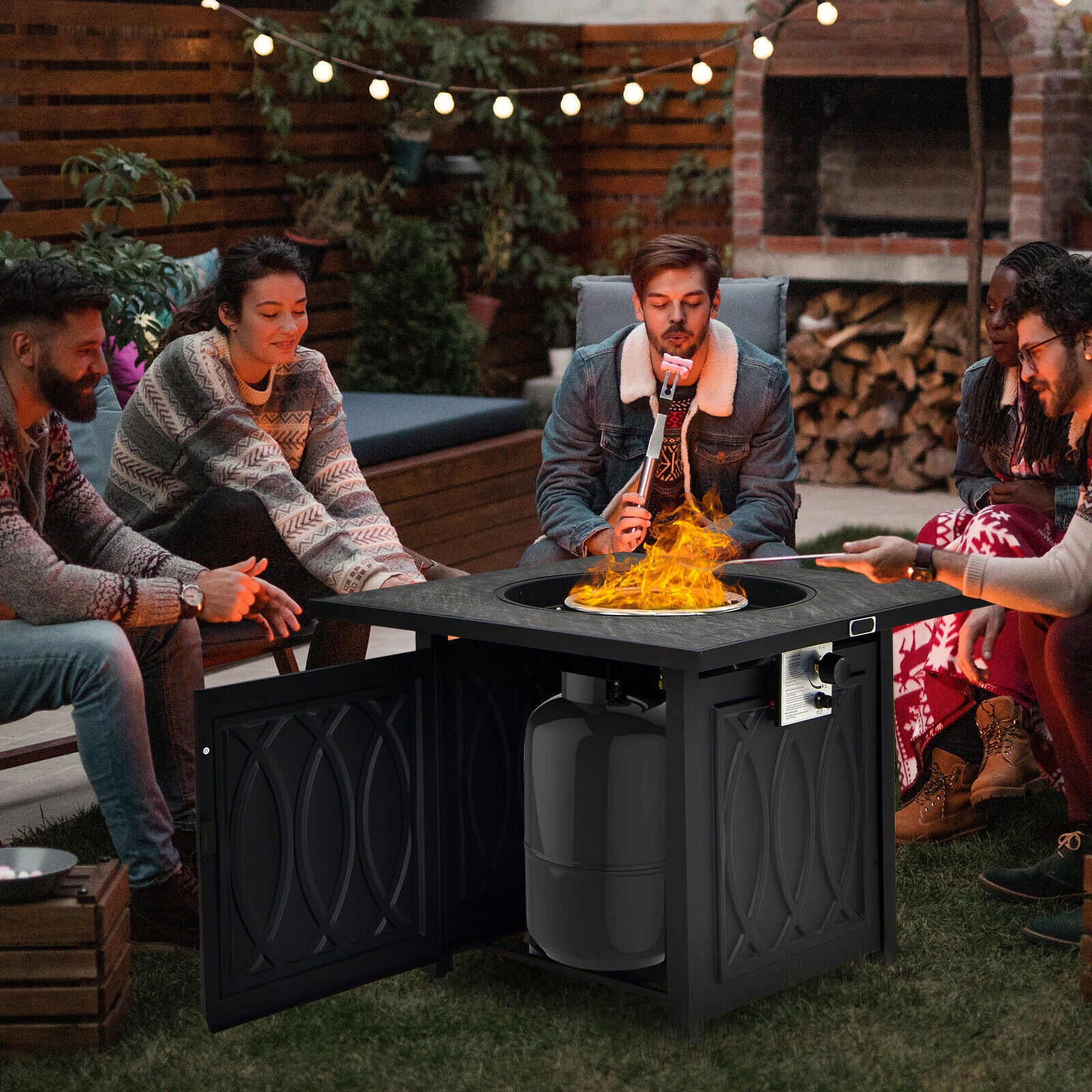 32 Inch Propane Fire Pit Table, Square Tabletop, Lava Rocks, 50000 BTU, Black Fire Pit Tables at Gallery Canada