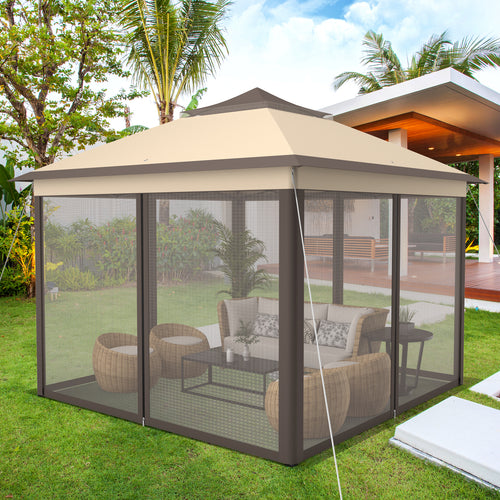 2-Tier 11 x 11 Feet Pop-Up Gazebo Tent, Portable Canopy Shelter, Brown
