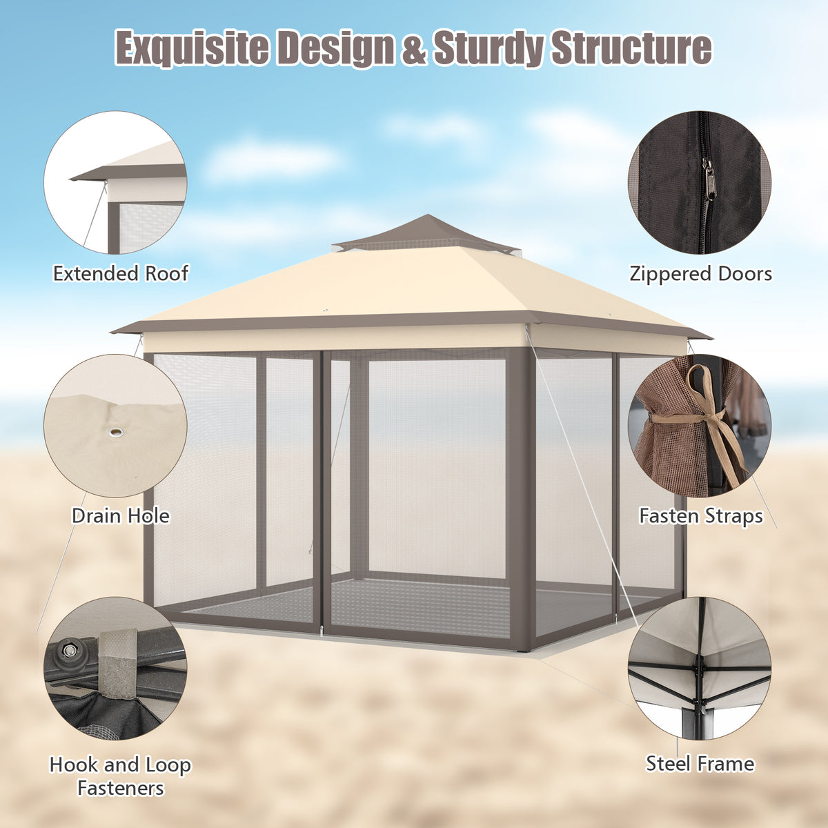 2-Tier 11 x 11 Feet Pop-Up Gazebo Tent, Portable Canopy Shelter, Brown Gazebos at Gallery Canada