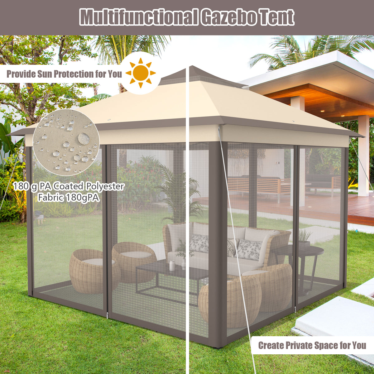 2-Tier 11 x 11 Feet Pop-Up Gazebo Tent, Portable Canopy Shelter, Brown Gazebos at Gallery Canada