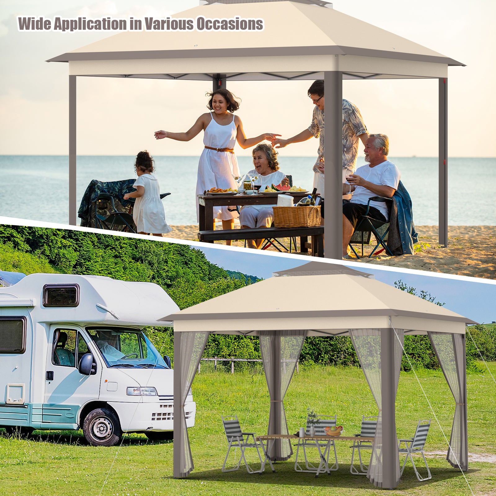 2-Tier 11 x 11 Feet Pop-Up Gazebo Tent, Portable Canopy Shelter, Brown Gazebos at Gallery Canada