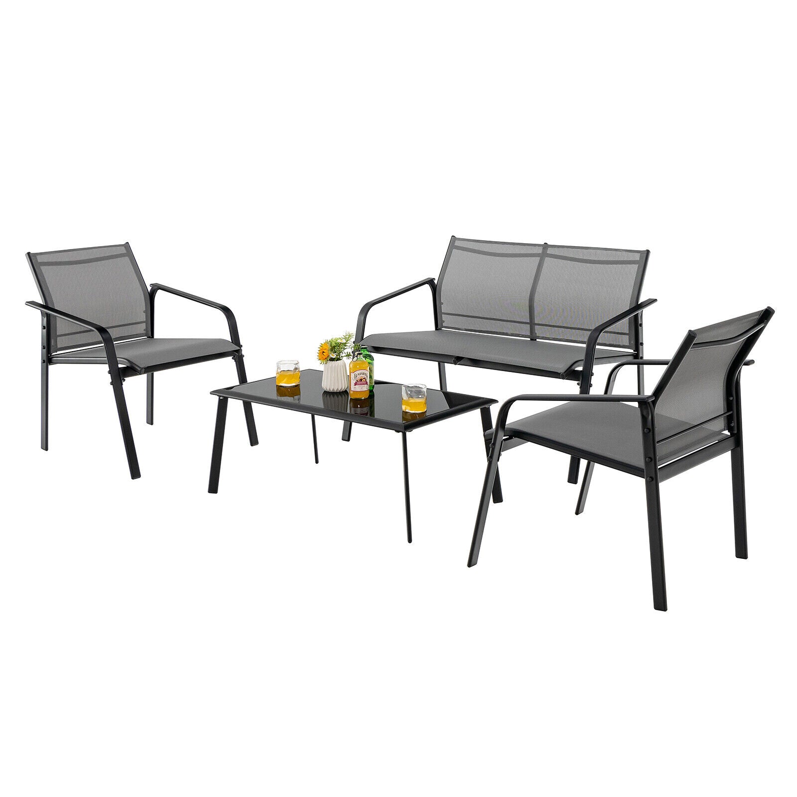 4 Piece Patio Furniture Set, Armrest Loveseat Sofas, Glass Table Deck, Gray Patio Conversation Sets at Gallery Canada