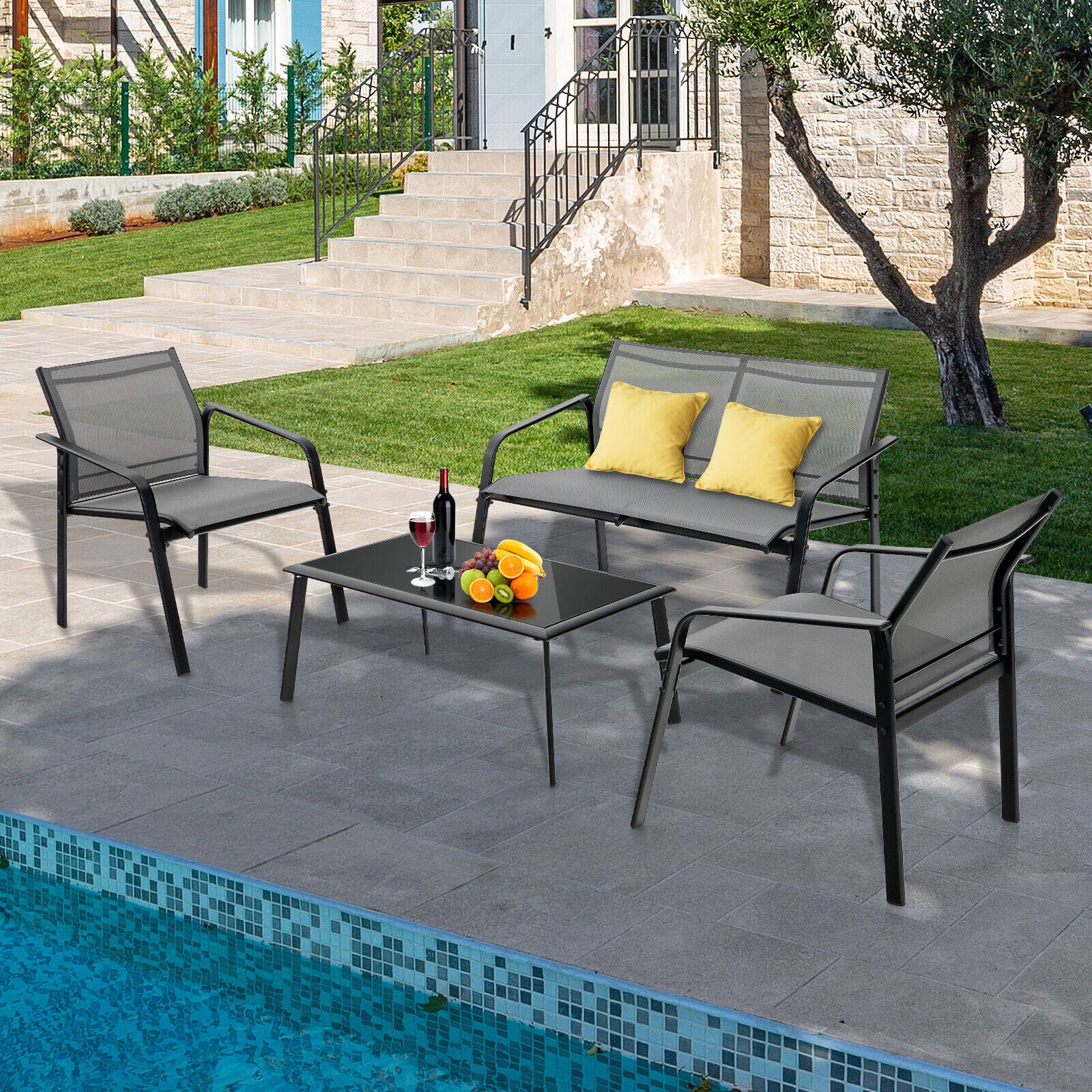 4 Piece Patio Furniture Set, Armrest Loveseat Sofas, Glass Table Deck, Gray Patio Conversation Sets at Gallery Canada