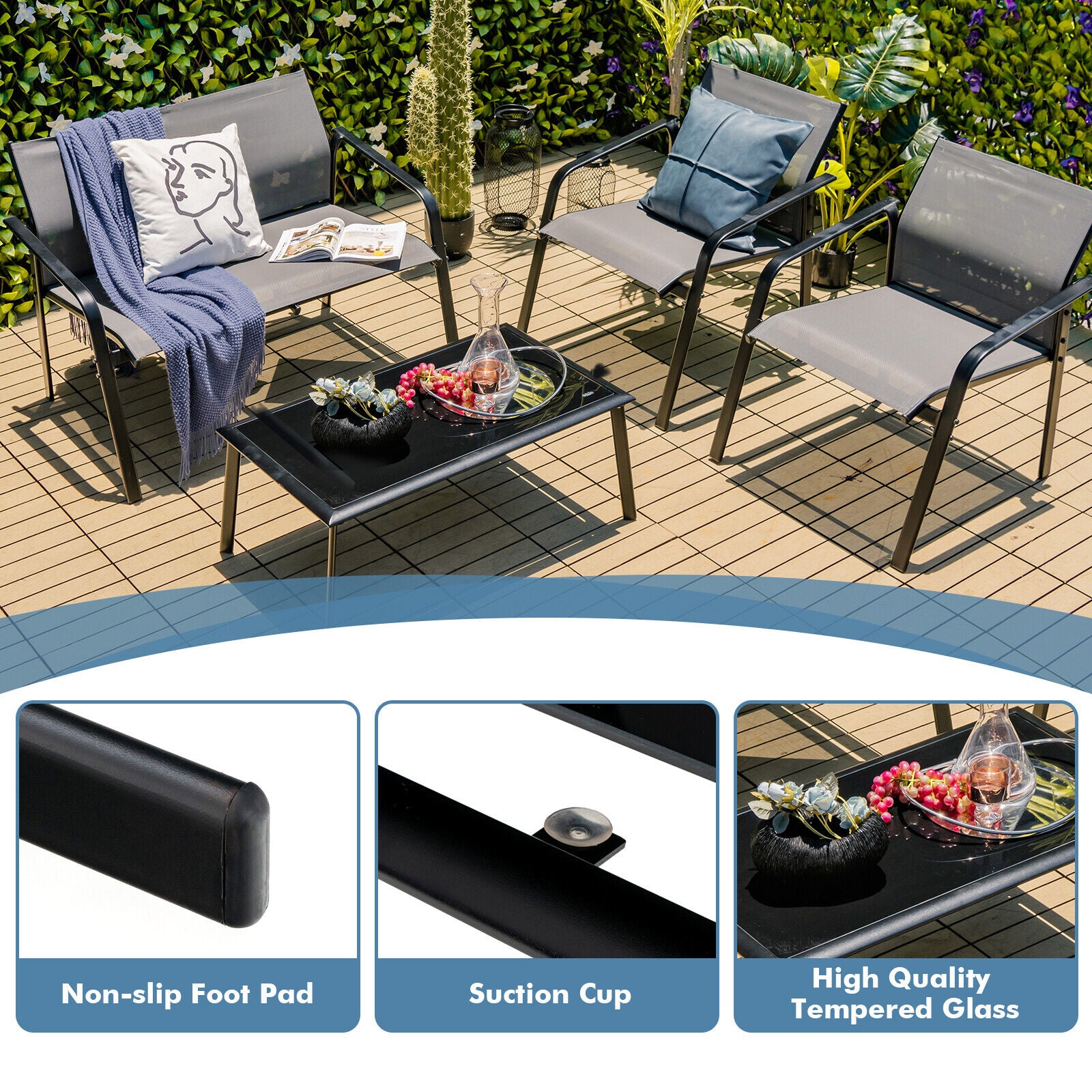 4 Piece Patio Furniture Set, Armrest Loveseat Sofas, Glass Table Deck, Gray Patio Conversation Sets at Gallery Canada