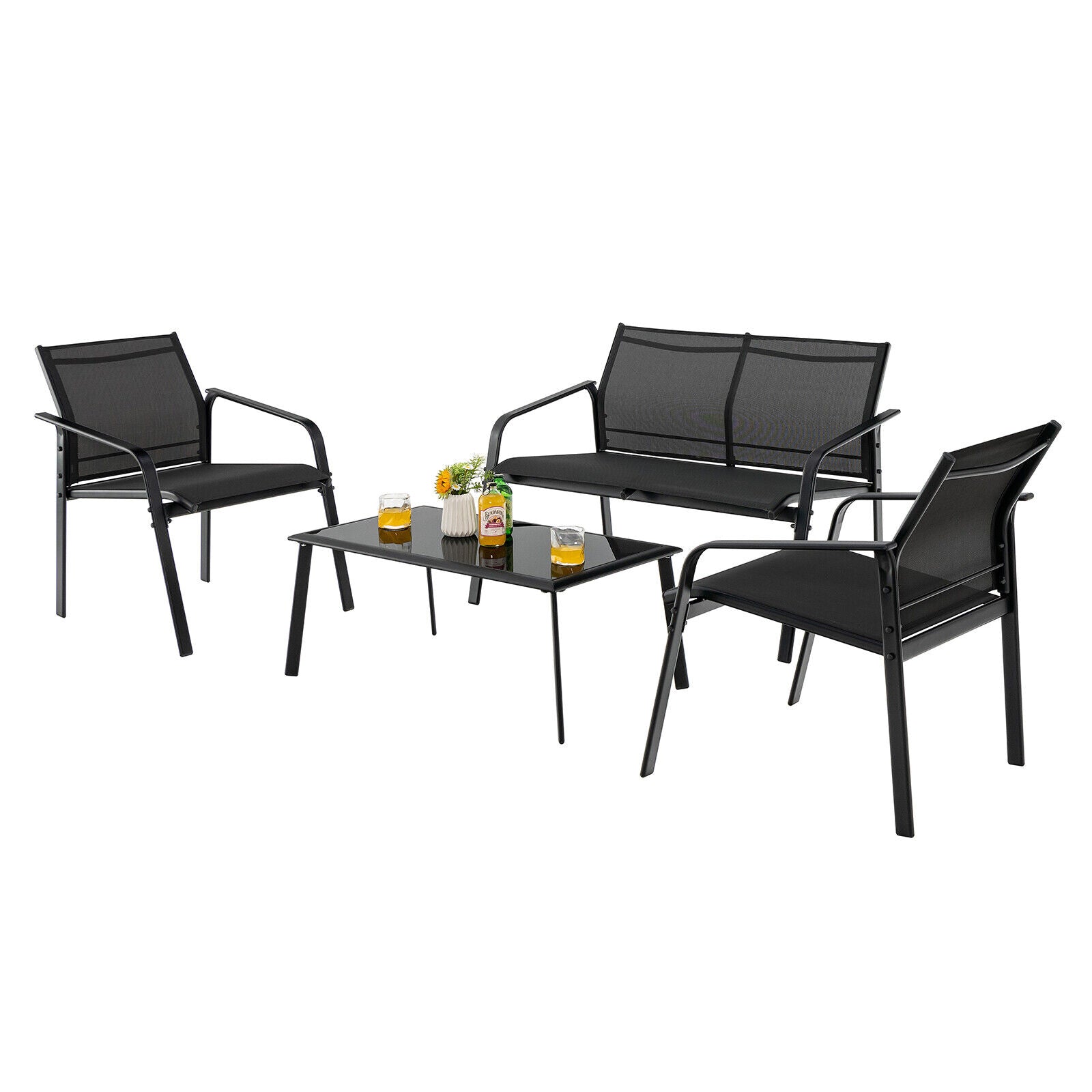 4 Piece Patio Furniture Set, Armrest Loveseat Sofas, Glass Table, Black Patio Conversation Sets at Gallery Canada