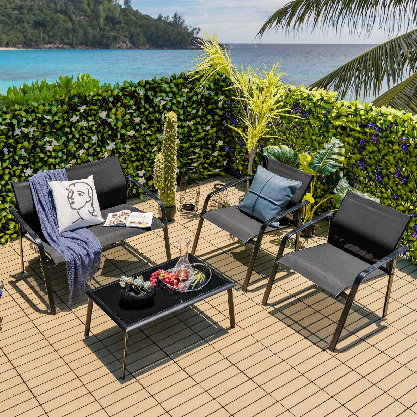 4 Piece Patio Furniture Set, Armrest Loveseat Sofas, Glass Table, Black Patio Conversation Sets at Gallery Canada