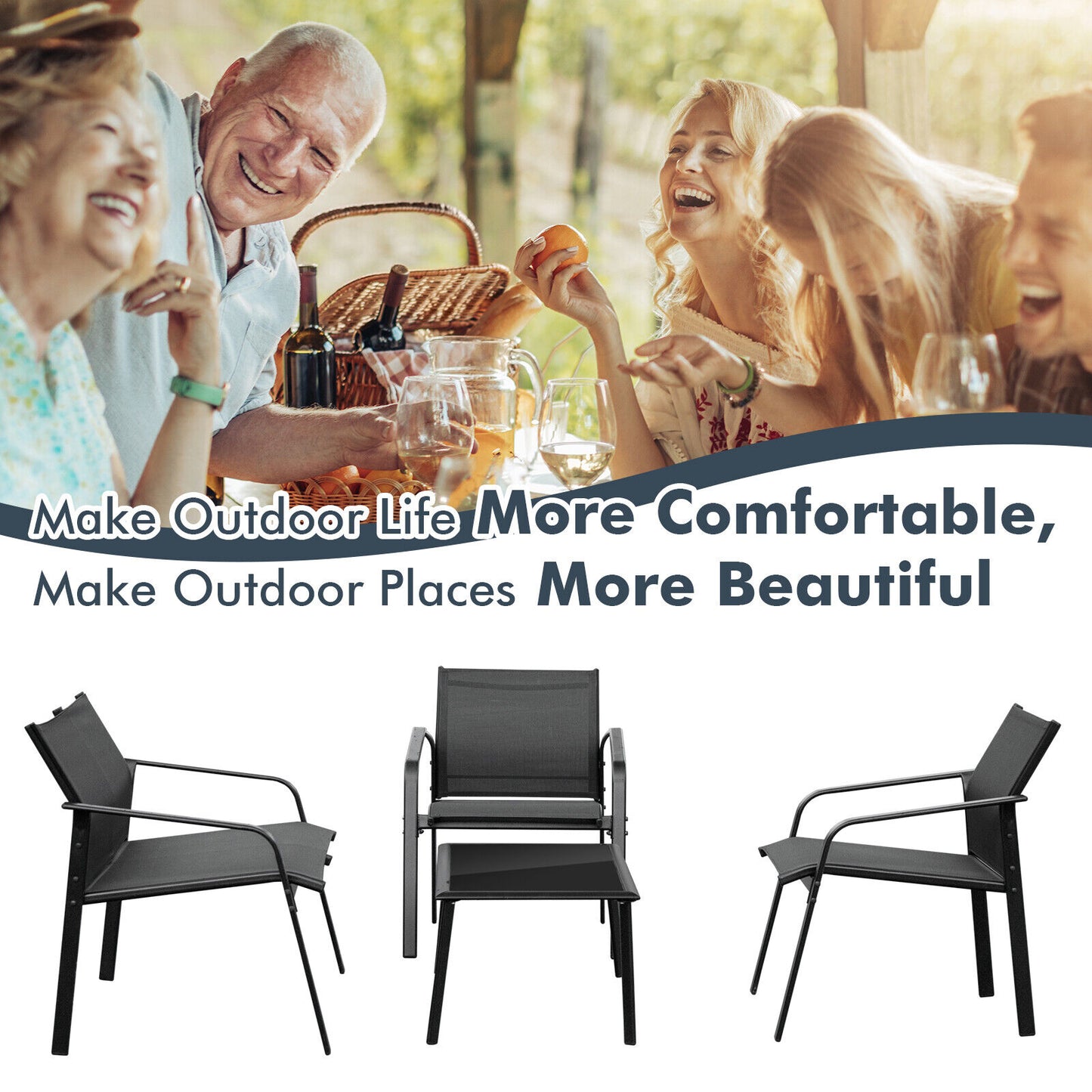 4 Piece Patio Furniture Set, Armrest Loveseat Sofas, Glass Table, Black Patio Conversation Sets at Gallery Canada