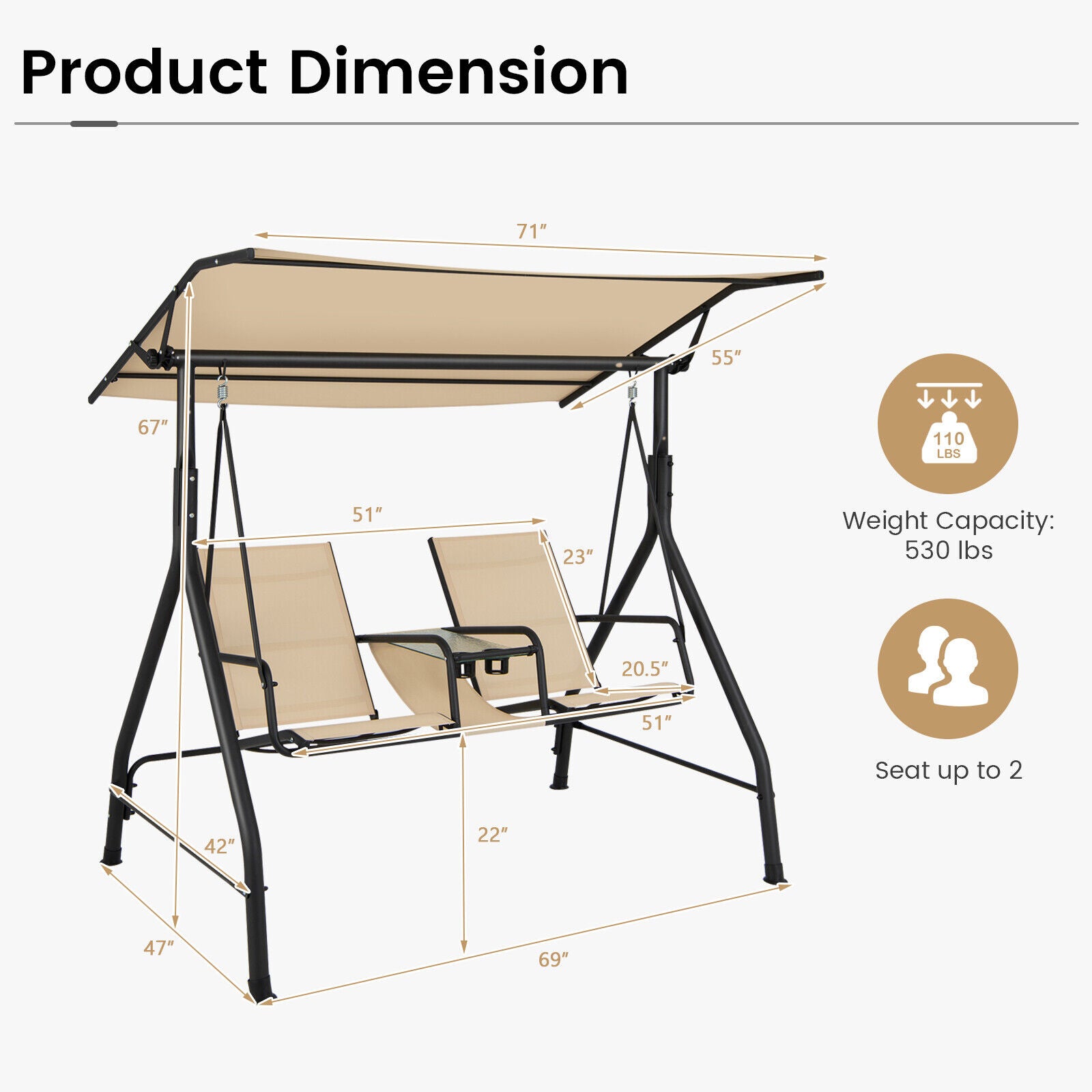 2-Seat Outdoor Porch Swing, Adjustable Canopy, Tempered Glass Table, Beige Porch Swings at Gallery Canada
