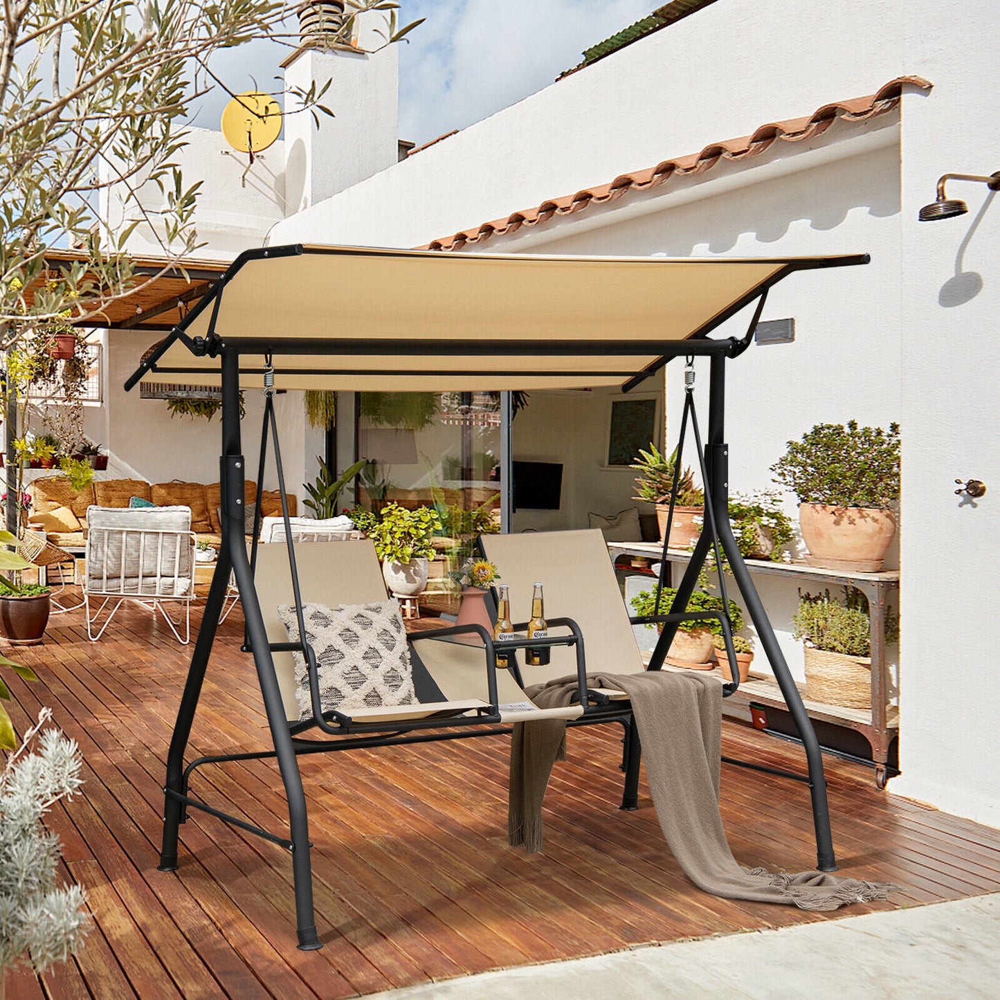 2-Seat Outdoor Porch Swing, Adjustable Canopy, Tempered Glass Table, Beige Porch Swings at Gallery Canada