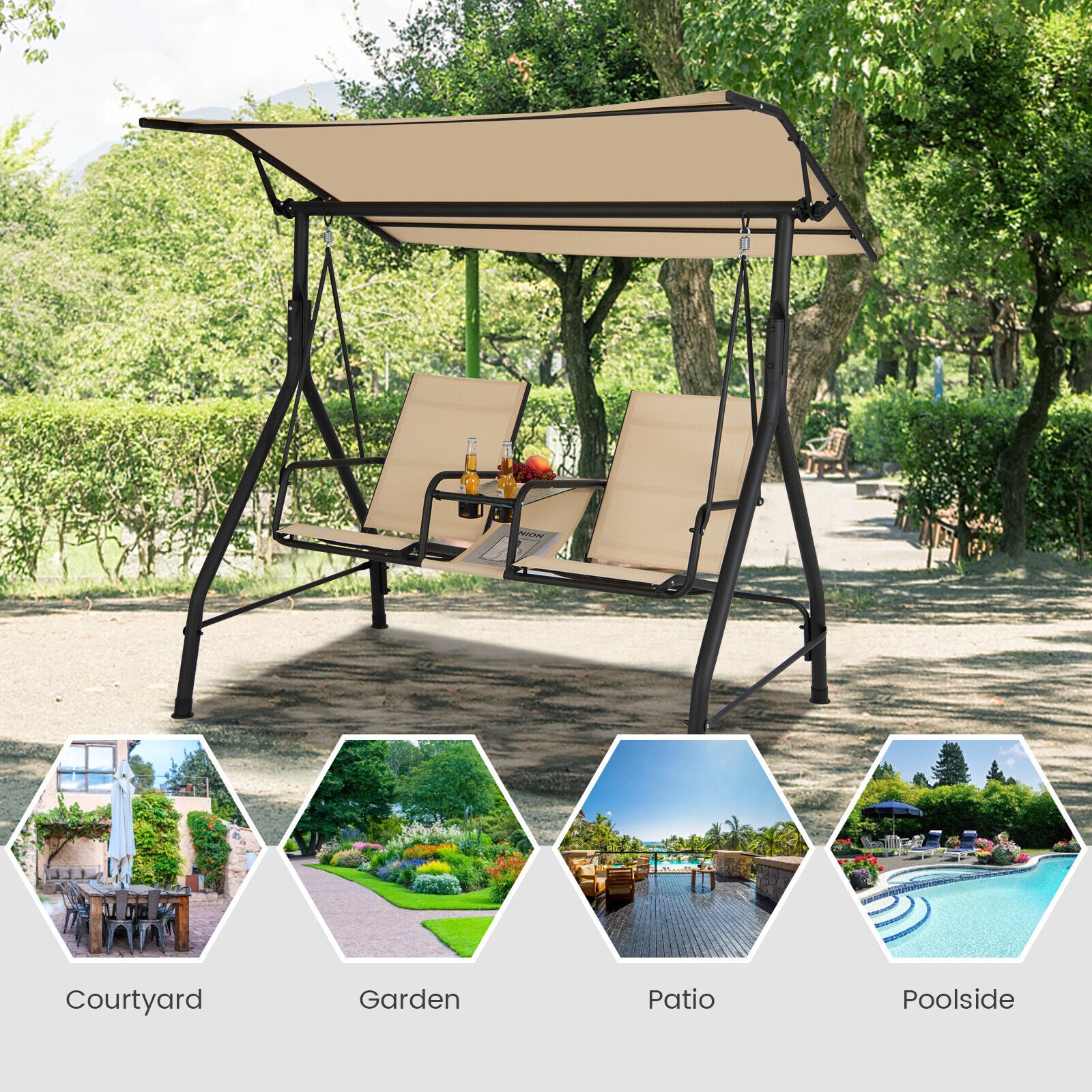 2-Seat Outdoor Porch Swing, Adjustable Canopy, Tempered Glass Table, Beige Porch Swings at Gallery Canada
