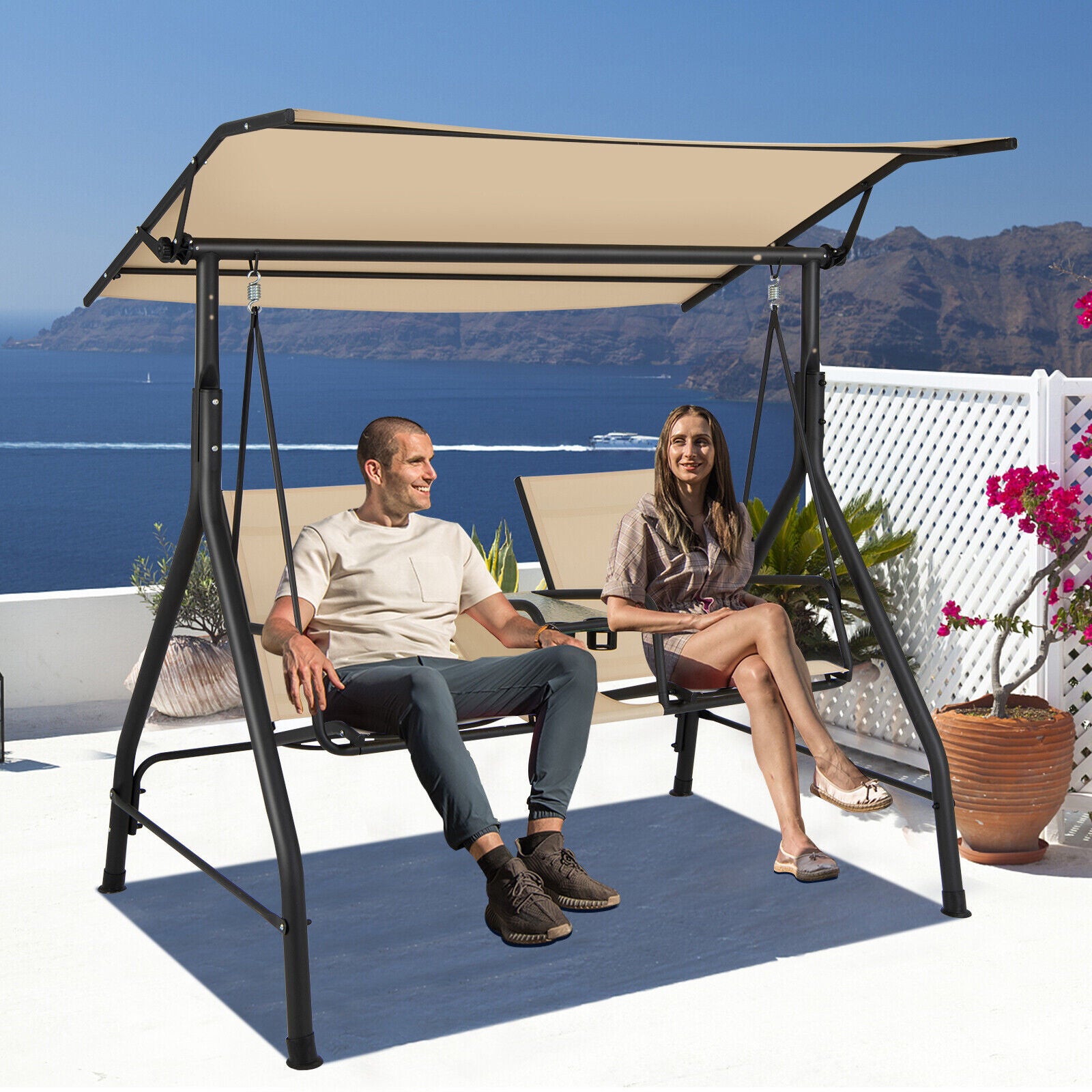 2-Seat Outdoor Porch Swing, Adjustable Canopy, Tempered Glass Table, Beige Porch Swings at Gallery Canada