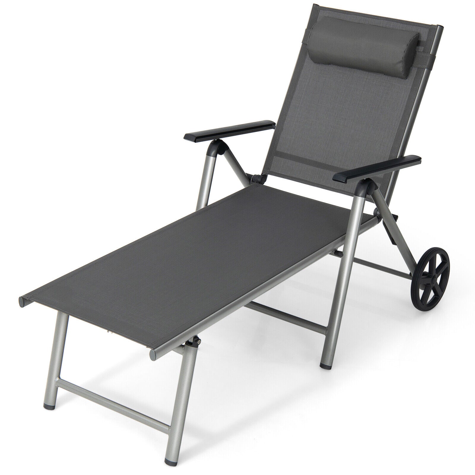 Adjustable Folding Chaise Lounge Chair With Wheels, Black Outdoor Chaise Lounges at Gallery Canada