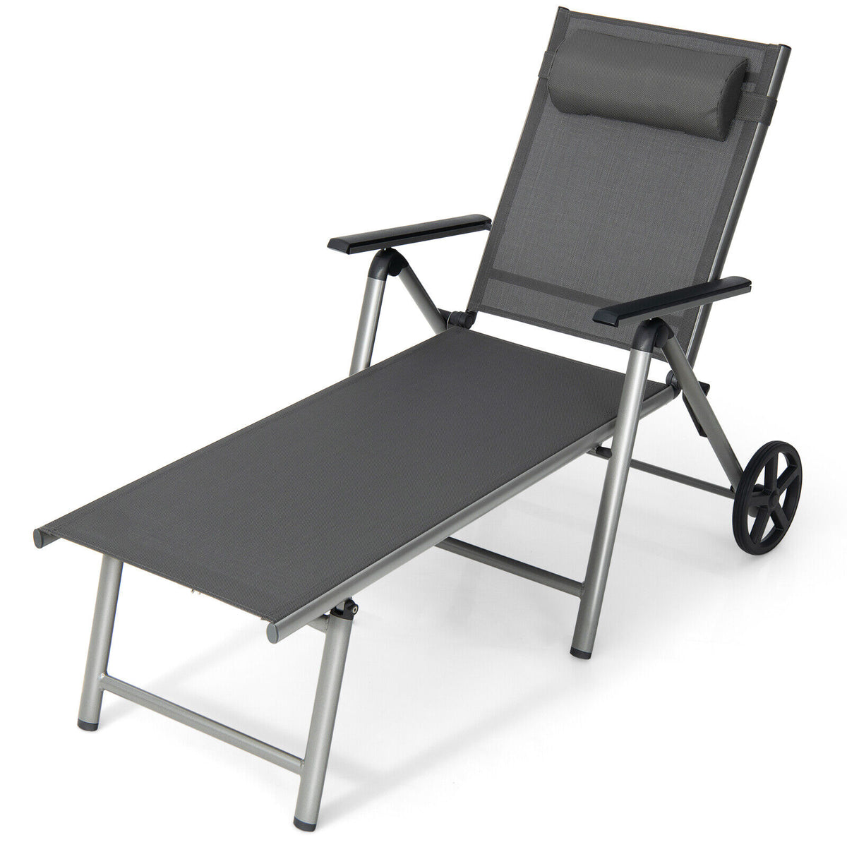 Adjustable Folding Chaise Lounge Chair With Wheels, Black Outdoor Chaise Lounges at Gallery Canada