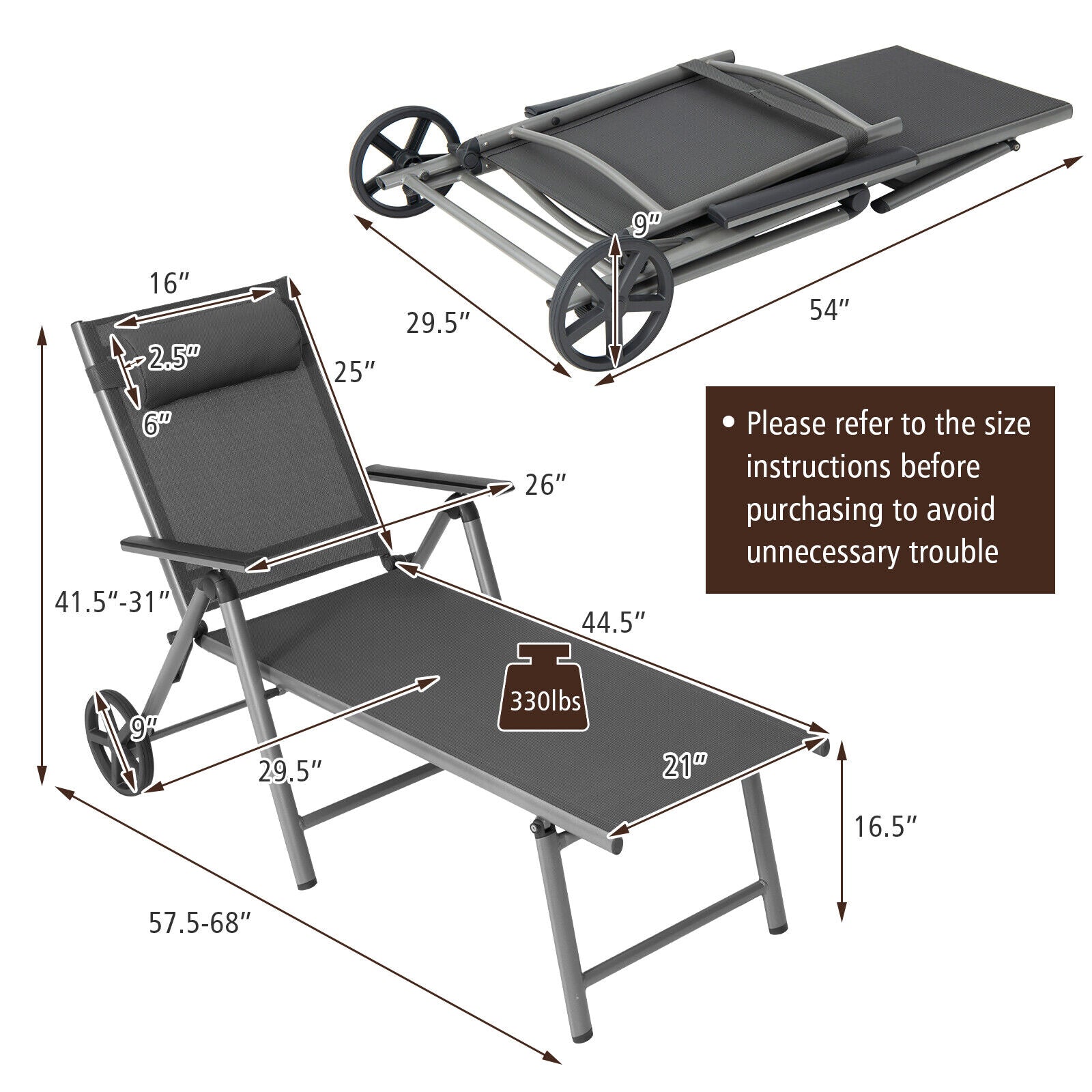 Adjustable Folding Chaise Lounge Chair With Wheels, Black Outdoor Chaise Lounges at Gallery Canada