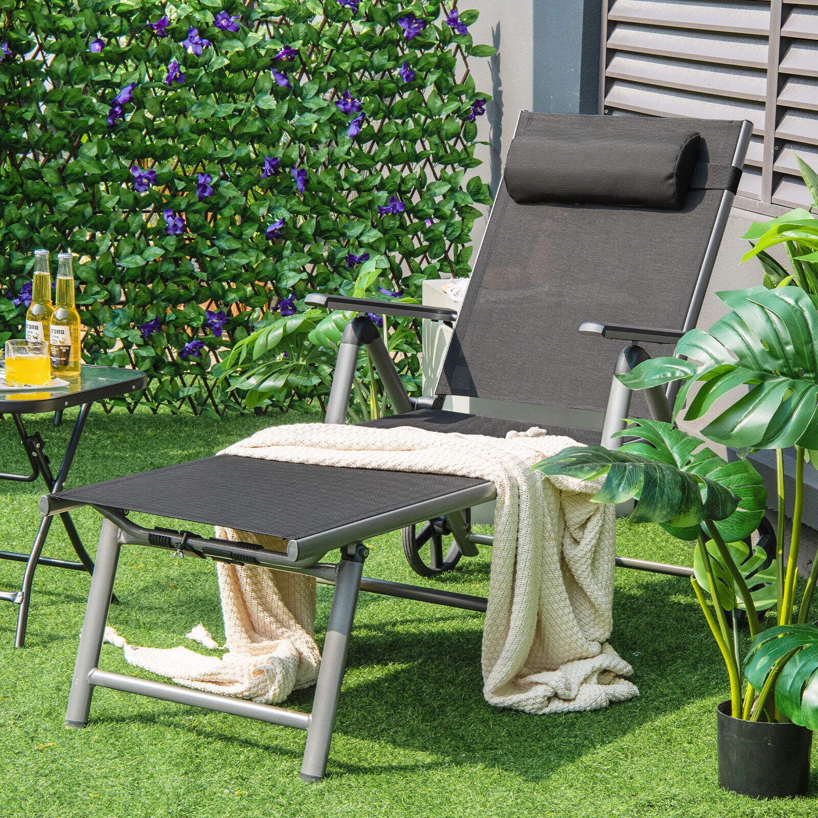 Adjustable Folding Chaise Lounge Chair With Wheels, Black Outdoor Chaise Lounges at Gallery Canada