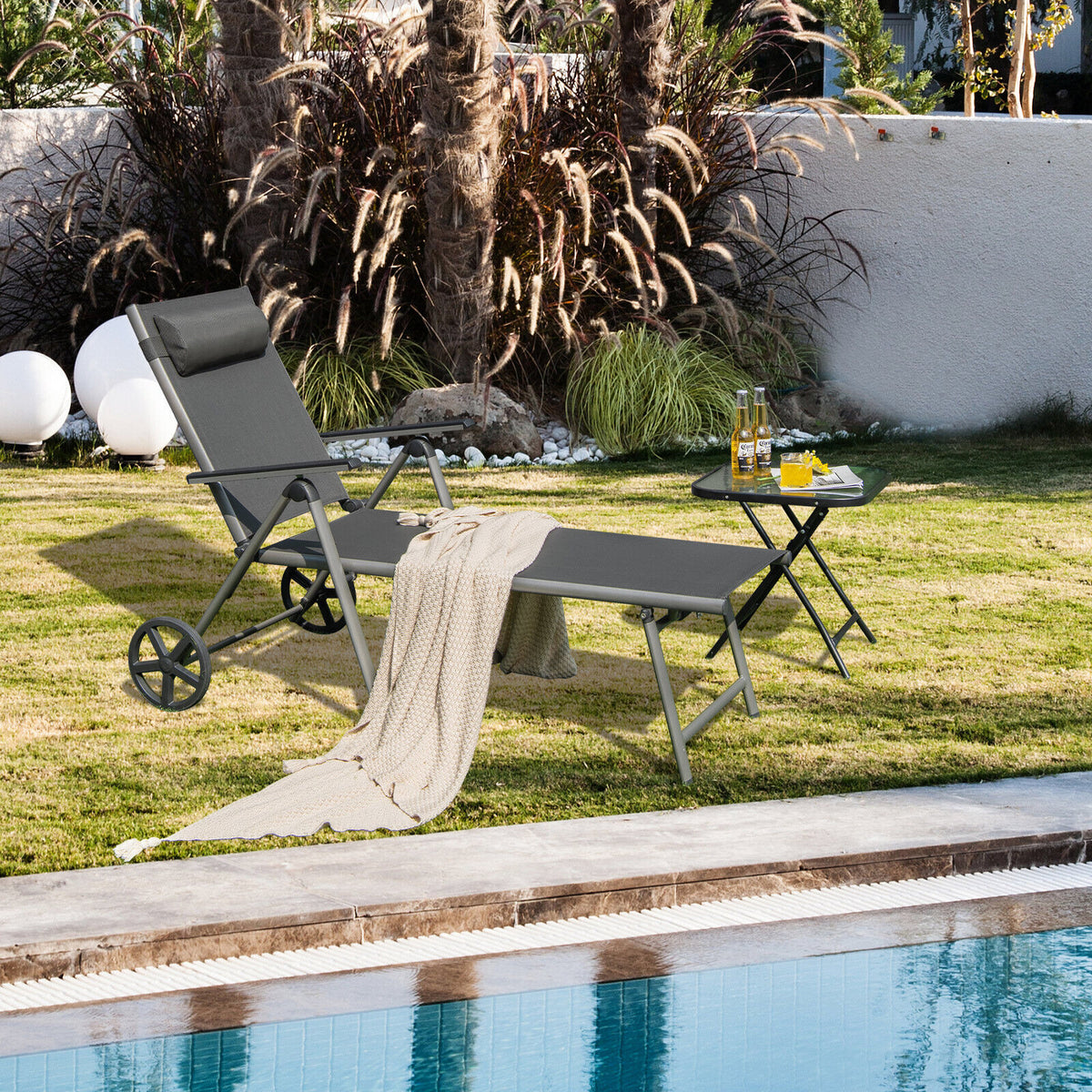 Adjustable Folding Chaise Lounge Chair With Wheels, Black Outdoor Chaise Lounges at Gallery Canada