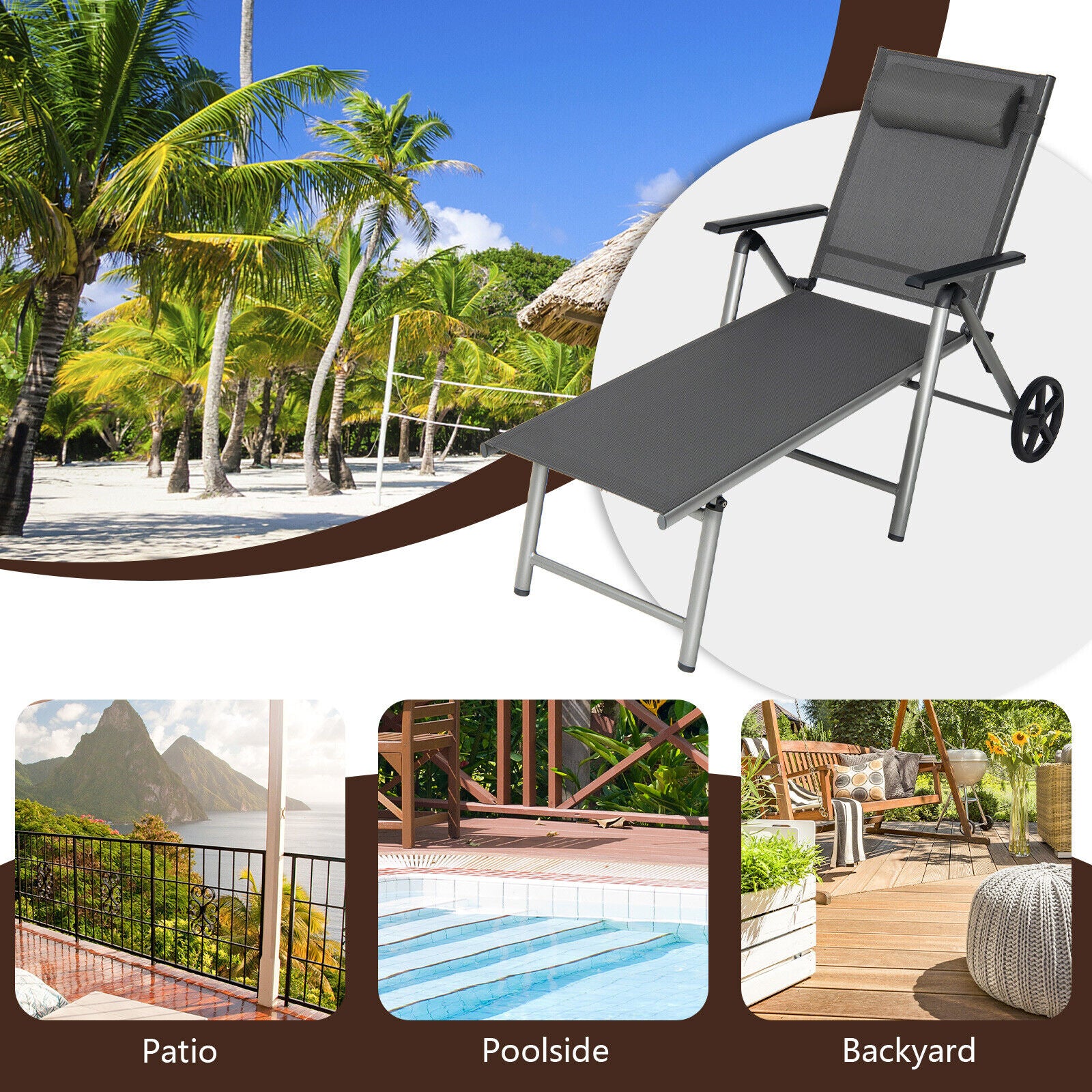 Adjustable Folding Chaise Lounge Chair With Wheels, Black Outdoor Chaise Lounges at Gallery Canada