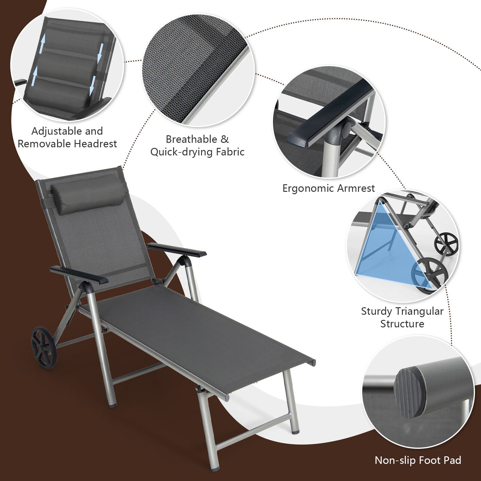 Adjustable Folding Chaise Lounge Chair With Wheels, Black Outdoor Chaise Lounges at Gallery Canada