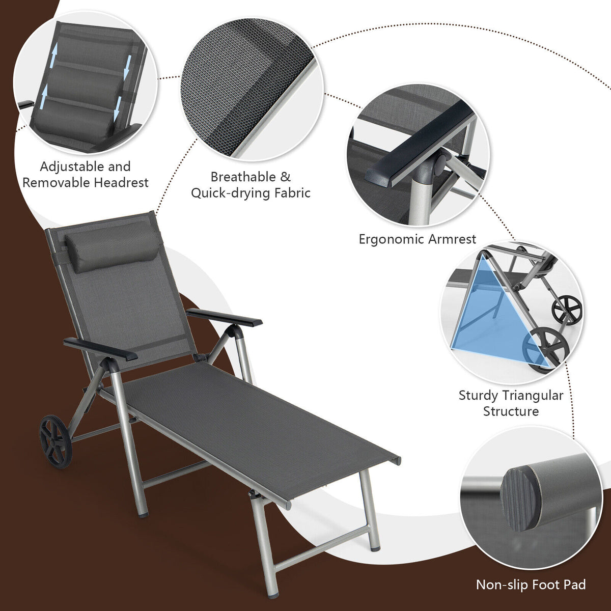 Adjustable Folding Chaise Lounge Chair With Wheels, Black Outdoor Chaise Lounges at Gallery Canada