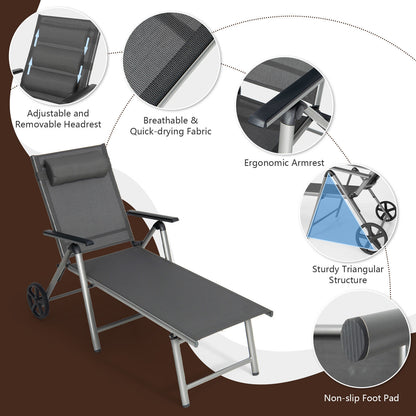 Adjustable Folding Chaise Lounge Chair With Wheels, Black Outdoor Chaise Lounges at Gallery Canada