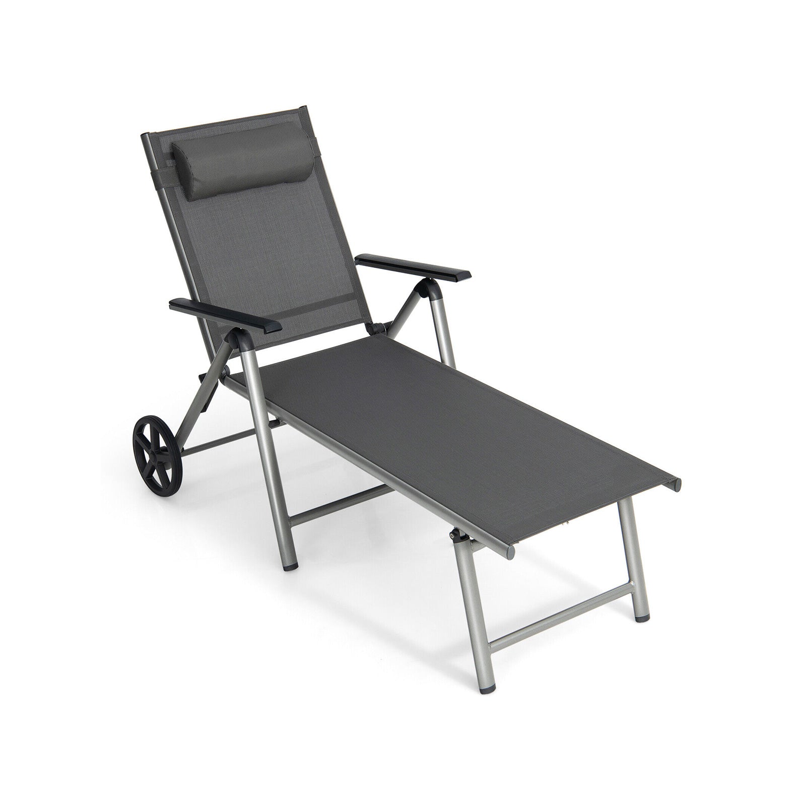 Adjustable Folding Chaise Lounge Chair With Wheels, Black Outdoor Chaise Lounges at Gallery Canada