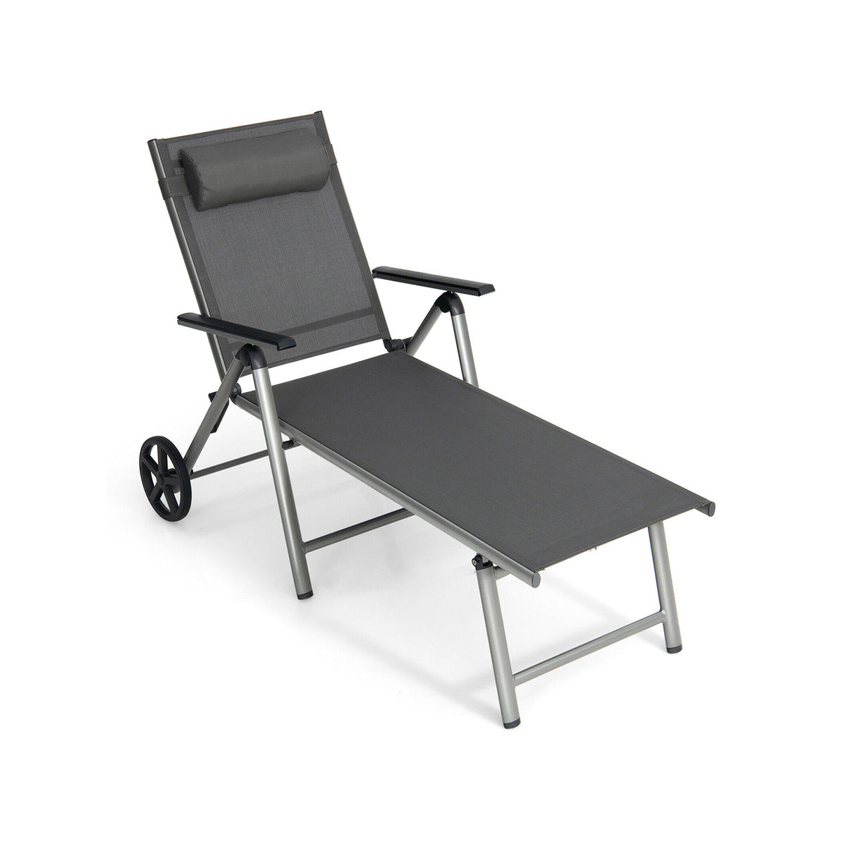 Adjustable Folding Chaise Lounge Chair With Wheels, Black Outdoor Chaise Lounges Black at Gallery Canada