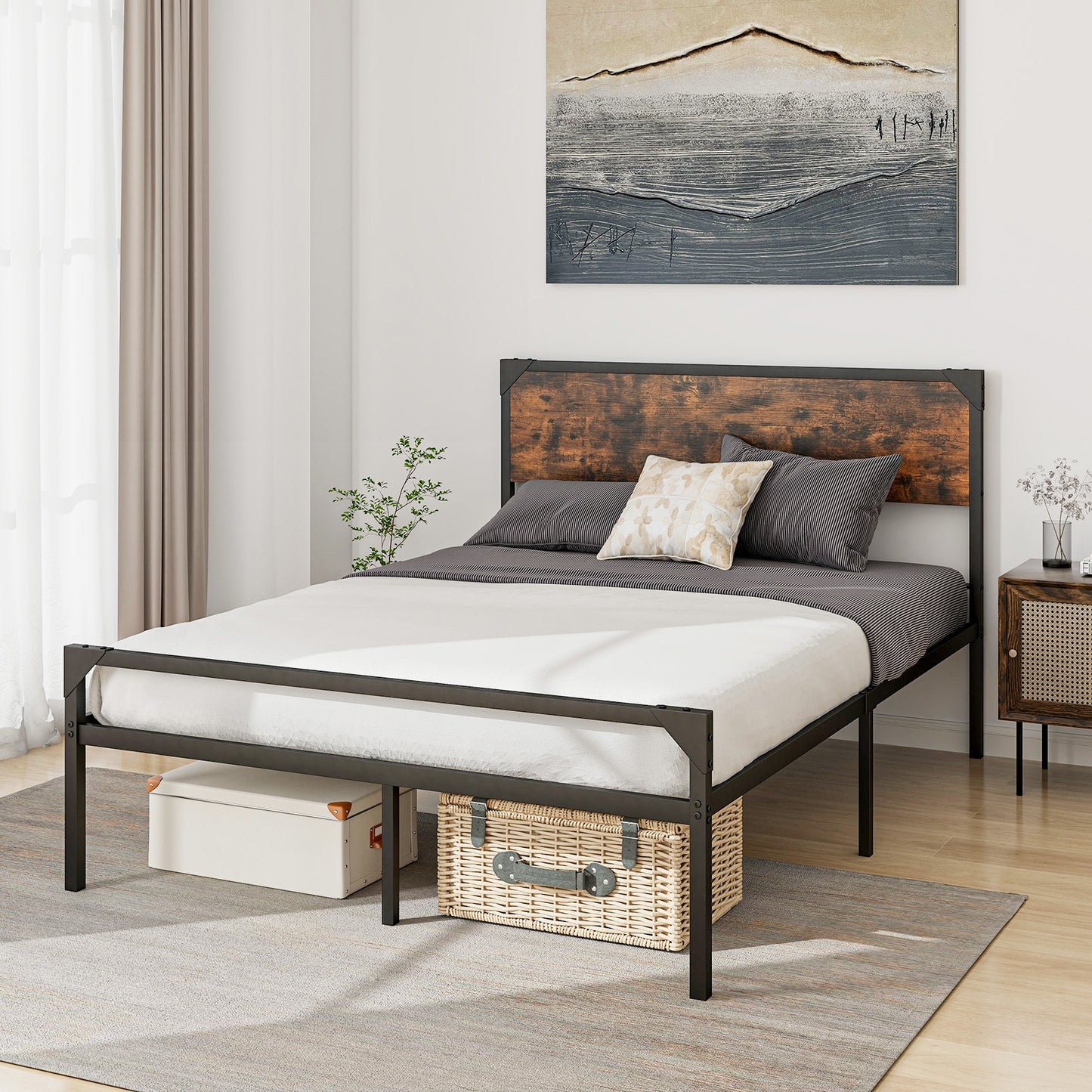 Full Size Platform Bed With Rustic Headboard, Footboard, Black Simple Bed Frame at Gallery Canada