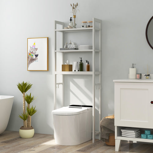 Over-The-Toilet Storage Shelf, Metal Bathroom Organizer Hooks, White
