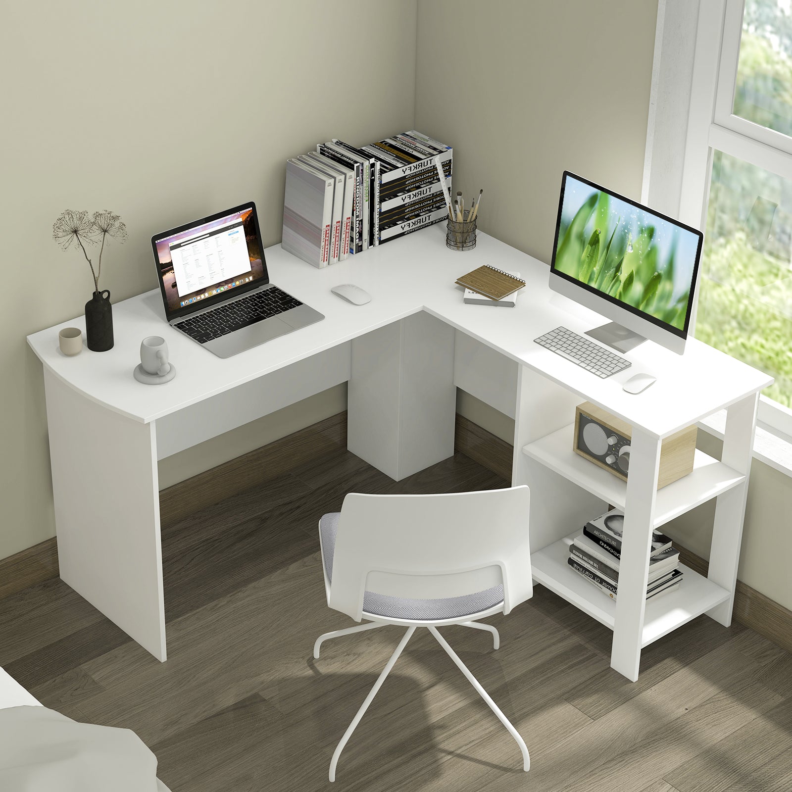 Large L-Shaped Computer Desk, With Cable Holes And Storage Shelves, White L-Shaped Desks at Gallery Canada