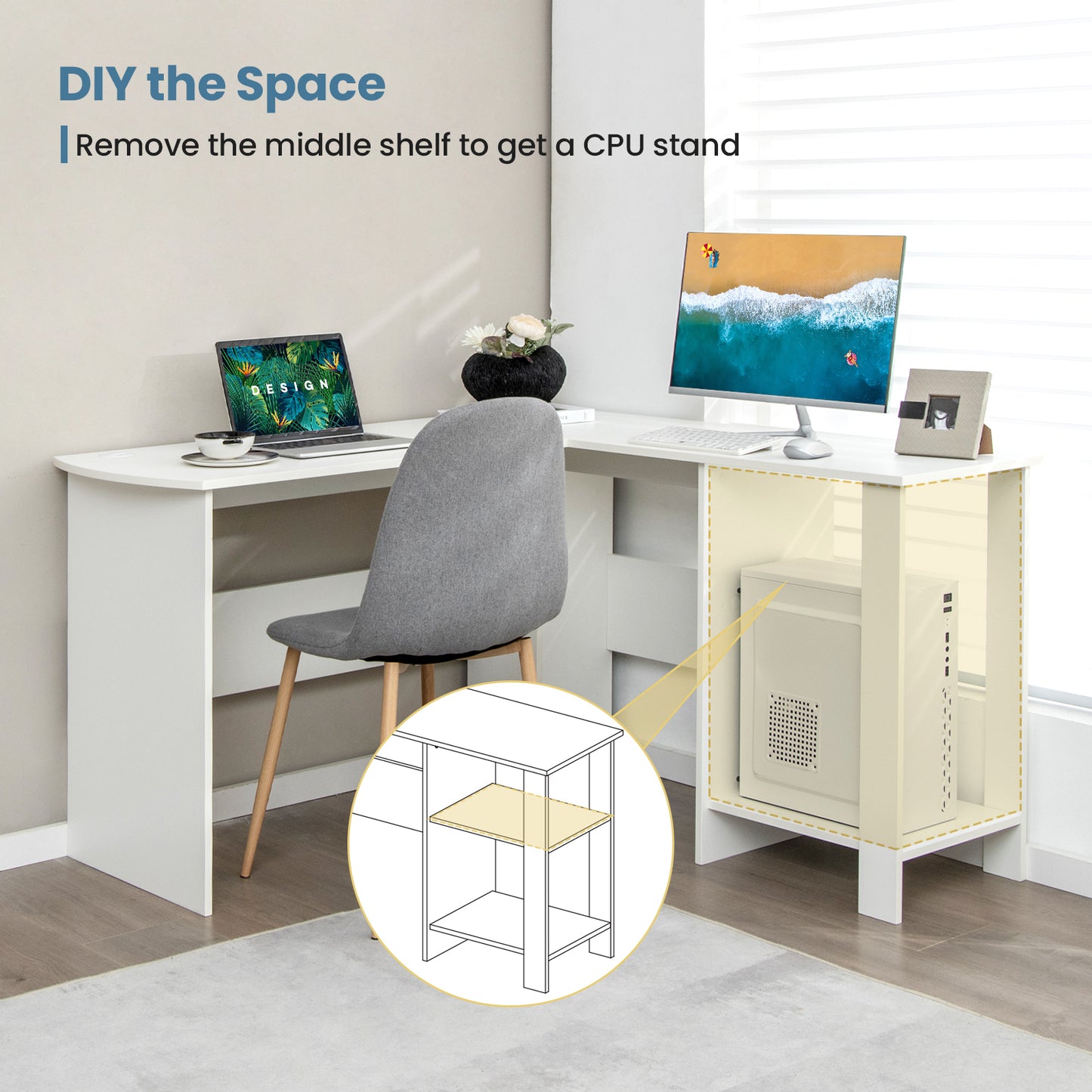Large L-Shaped Computer Desk, With Cable Holes And Storage Shelves, White L-Shaped Desks at Gallery Canada