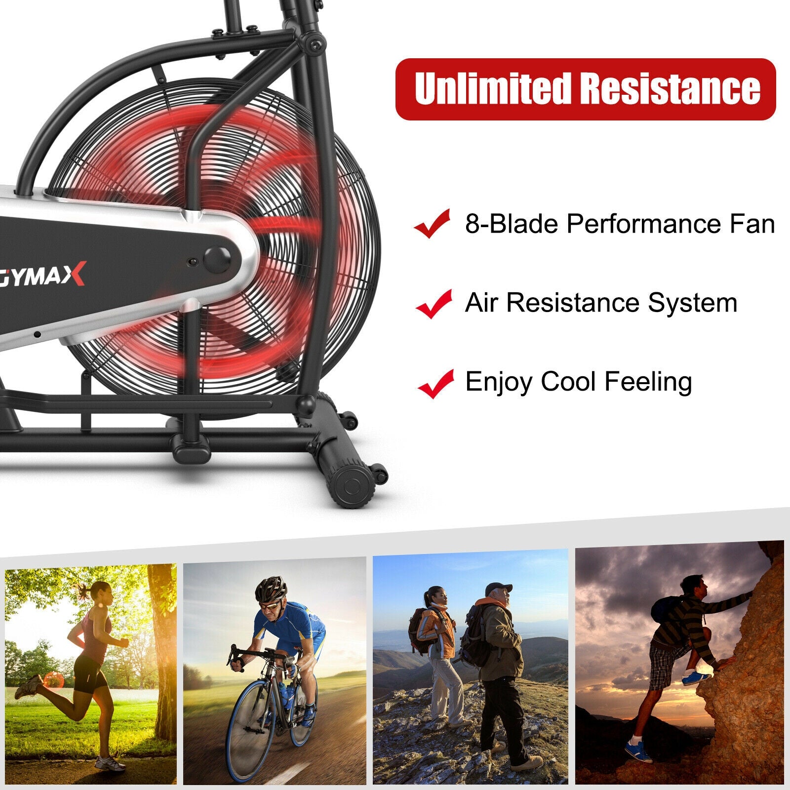 Upright Air Bike Fan Exercise Bike, Adjustable Seat, Black Exercise Bikes at Gallery Canada