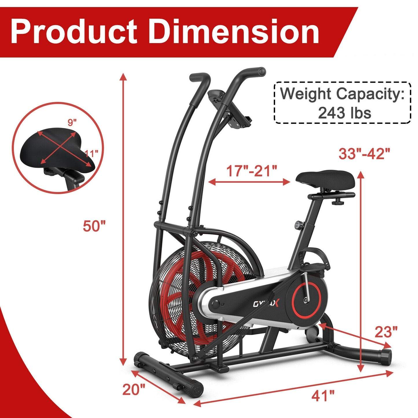 Upright Air Bike Fan Exercise Bike, Adjustable Seat, Black Exercise Bikes at Gallery Canada