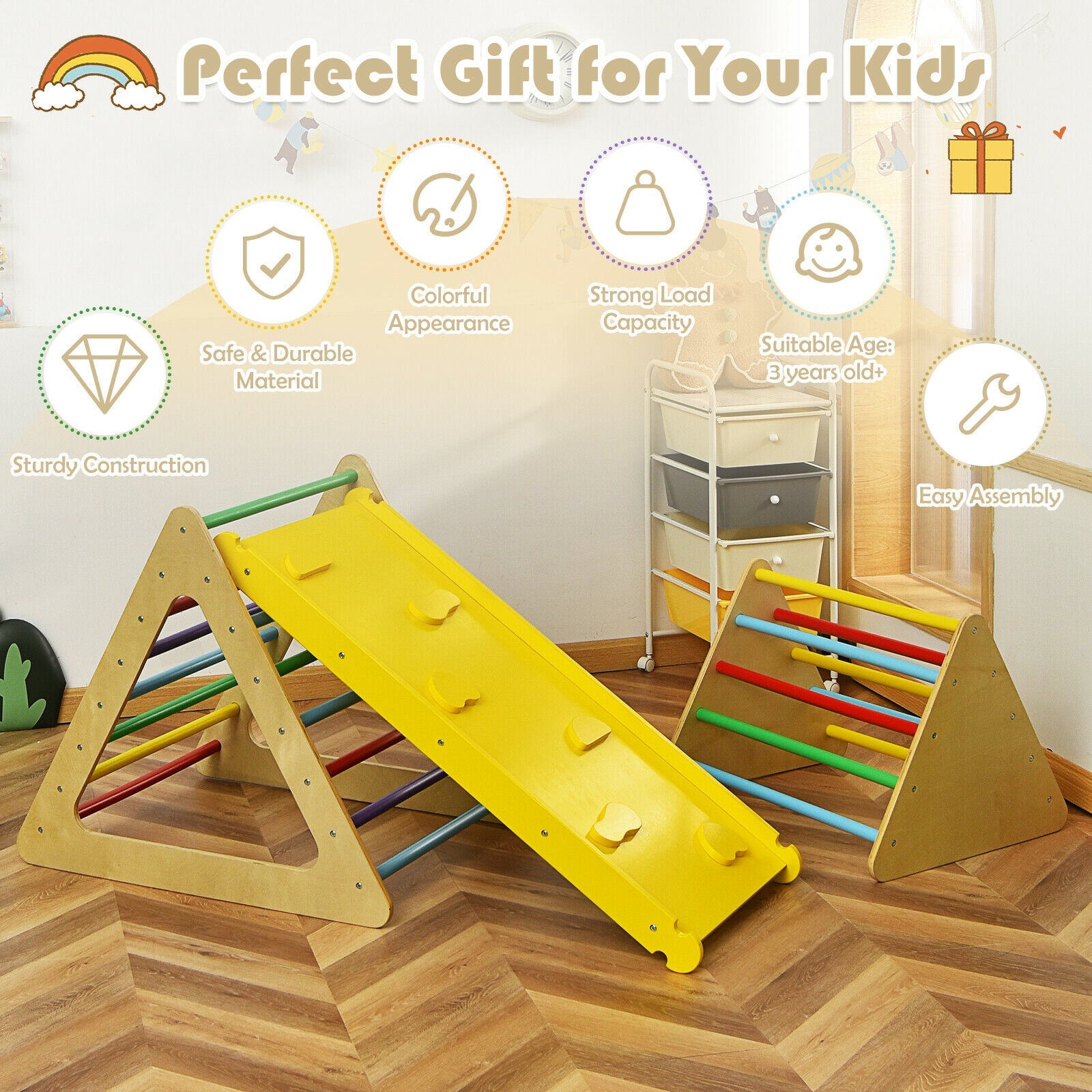 Wooden Triangle Climber With Ramp, 2-Piece Set, Multicolor Climbers & Slides at Gallery Canada