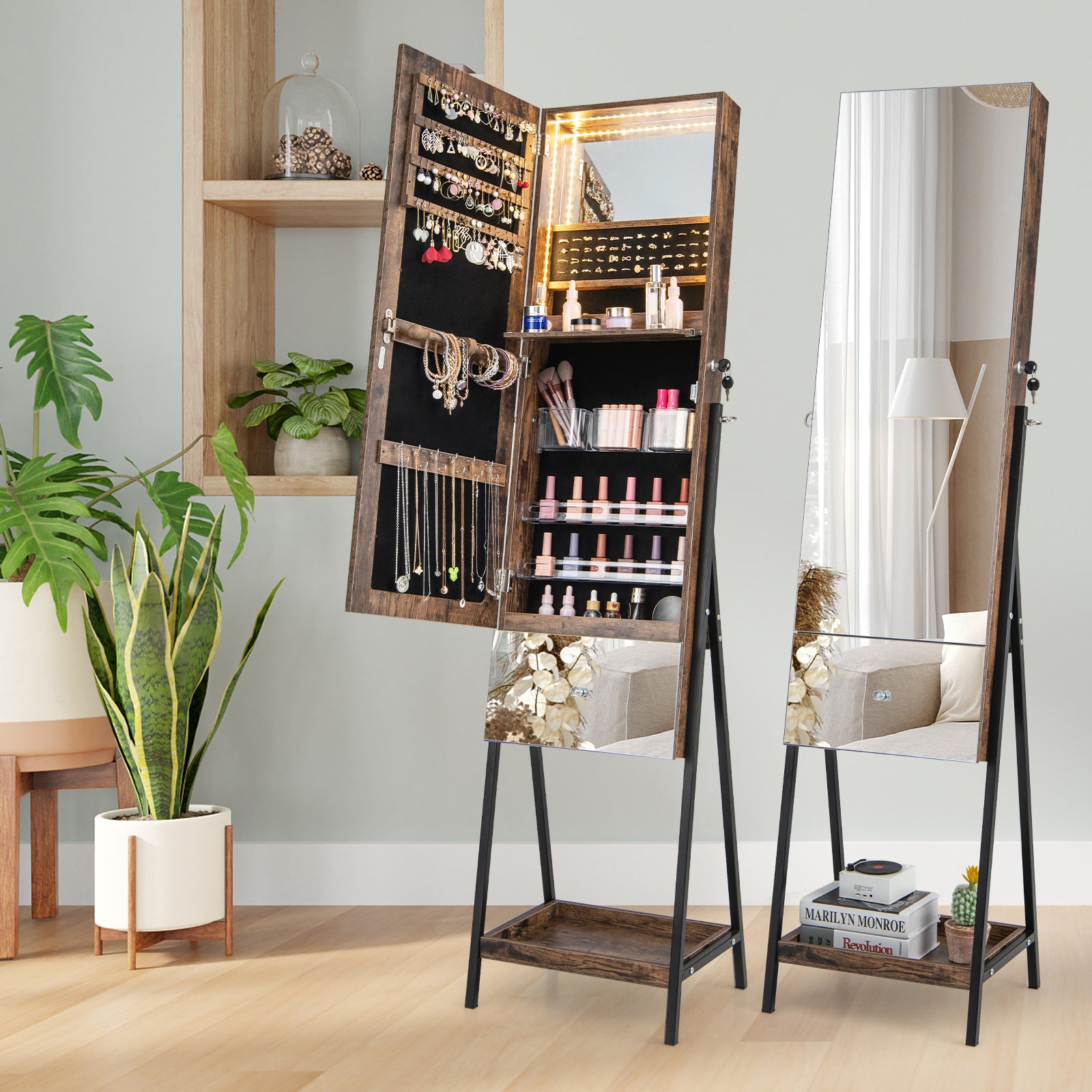 Lockable Jewelry Organizer, Full-Length Frameless Mirror, Rustic Brown Jewelry Armoires at Gallery Canada