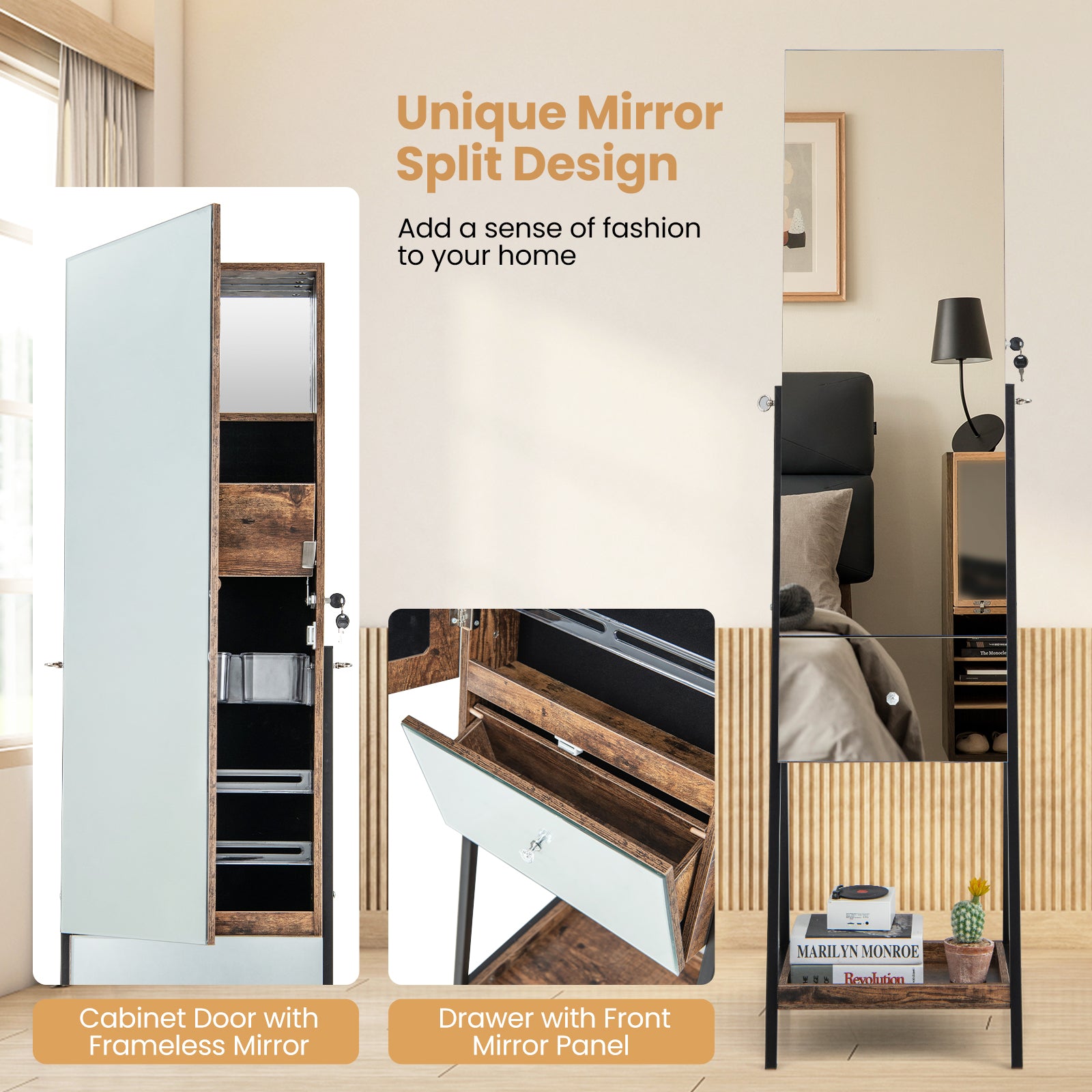 Lockable Jewelry Organizer, Full-Length Frameless Mirror, Rustic Brown Jewelry Armoires at Gallery Canada
