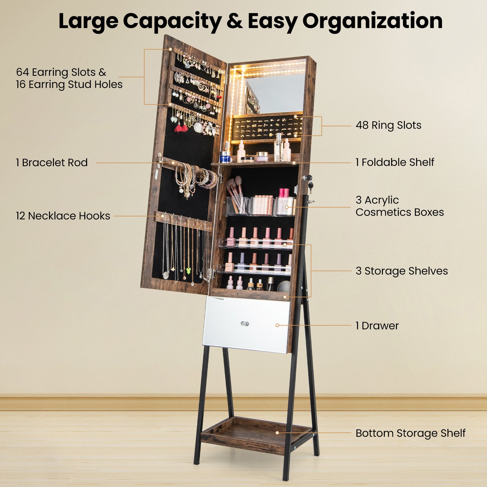 Lockable Jewelry Organizer, Full-Length Frameless Mirror, Rustic Brown Jewelry Armoires at Gallery Canada