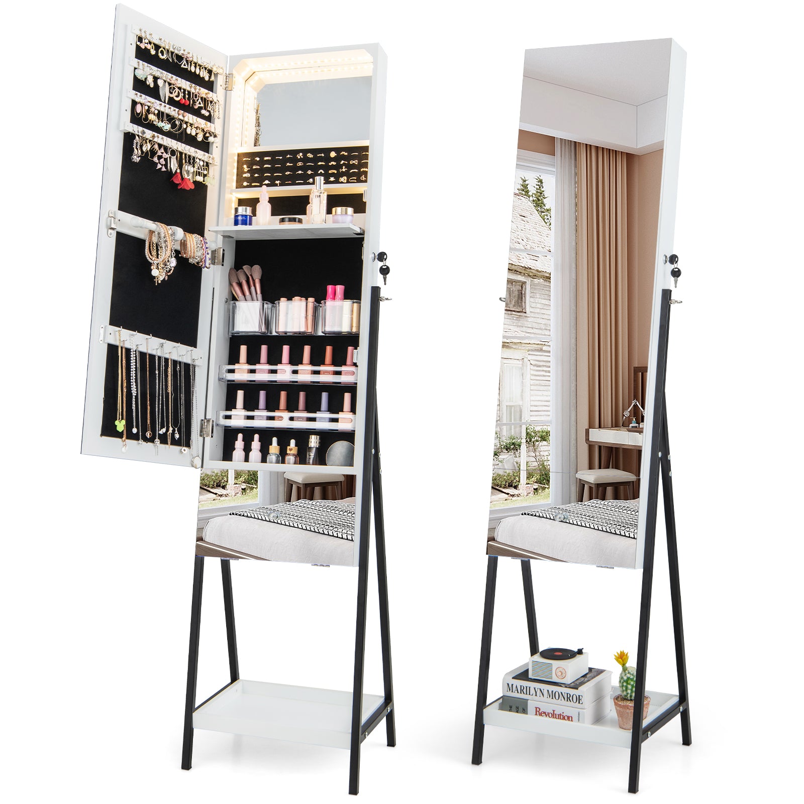 Lockable Freestanding Jewelry Organizer, Full-Length Frameless Mirror, White Jewelry Armoires at Gallery Canada